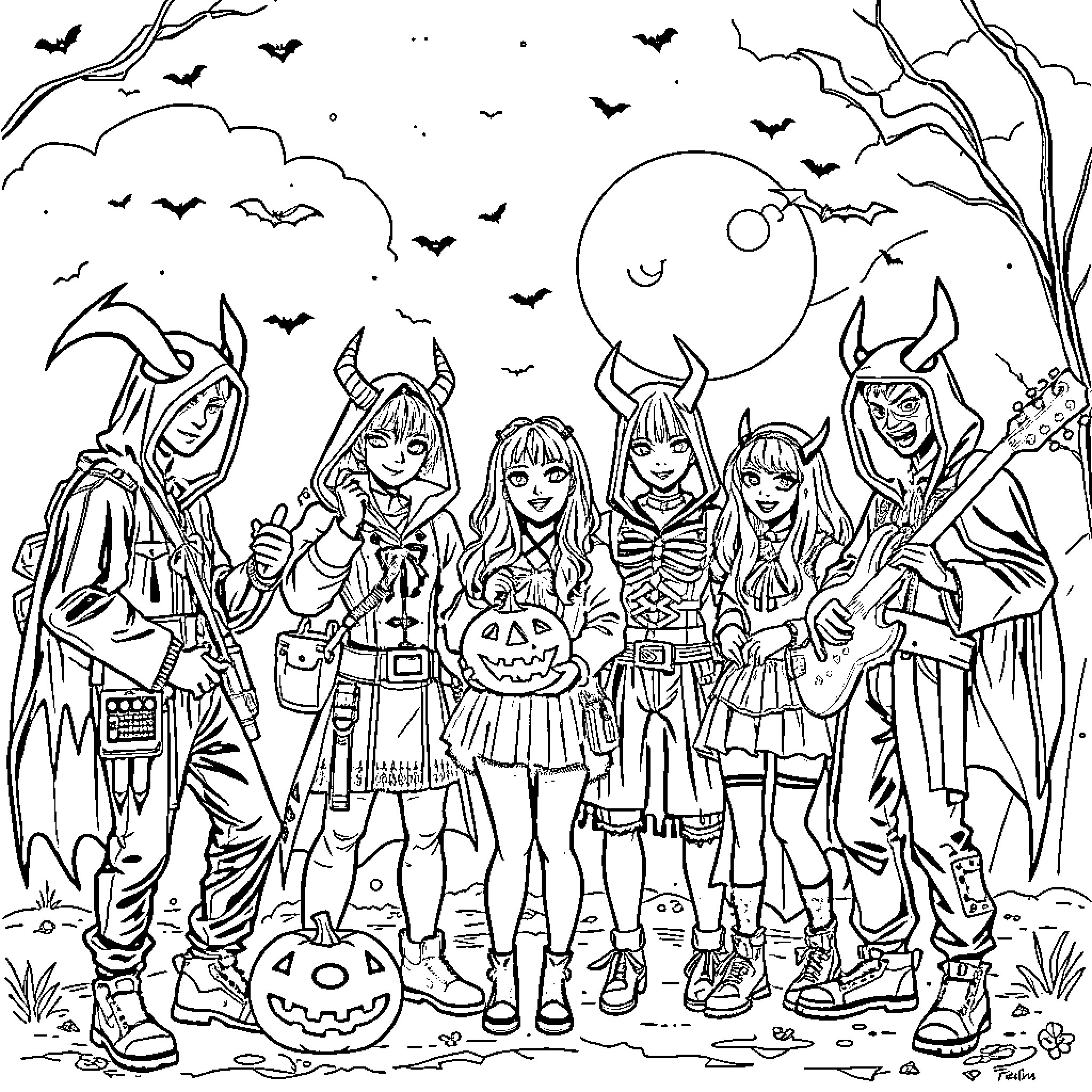 Demon Hunters Celebrate Halloween with Costumes and Pumpkins Coloring Page (free black-and-white line drawing printable PDF for all, from beginners to advanced learners, including children, teens, adults, and seniors)
