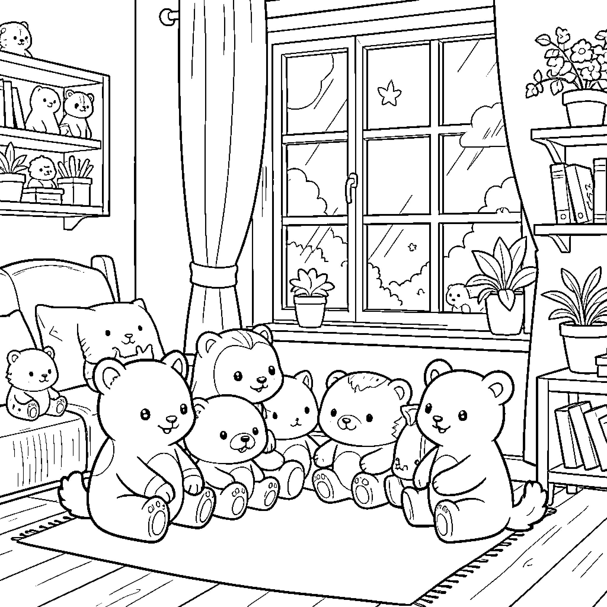 Animal characters sitting together in a cozy room Coloring Page (free black-and-white line drawing printable PDF for all, from beginners to advanced learners, including children, teens, adults, and seniors)
