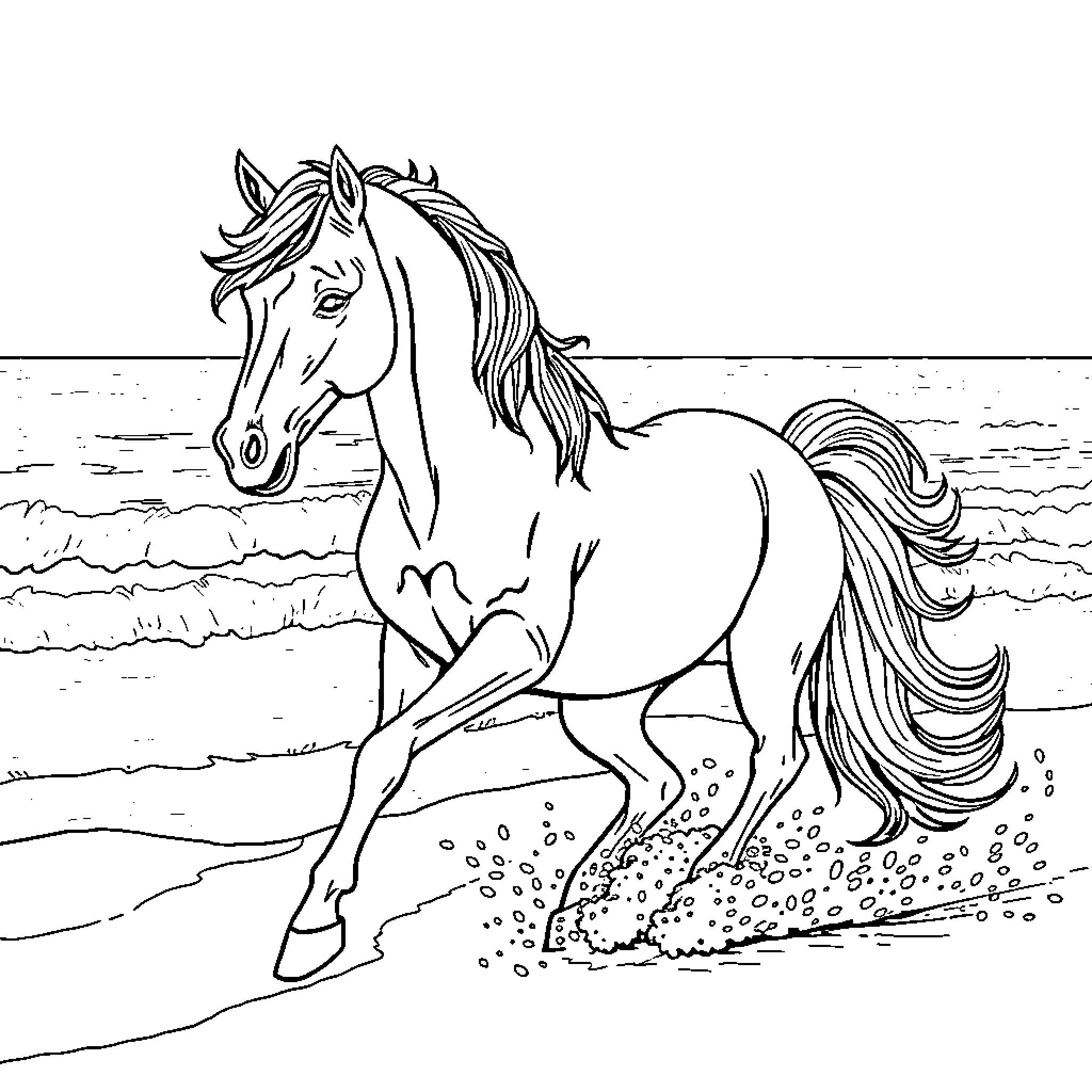 Horse galloping on the beach Coloring Page (free black-and-white line drawing printable PDF for all, from beginners to advanced learners, including children, teens, adults, and seniors)