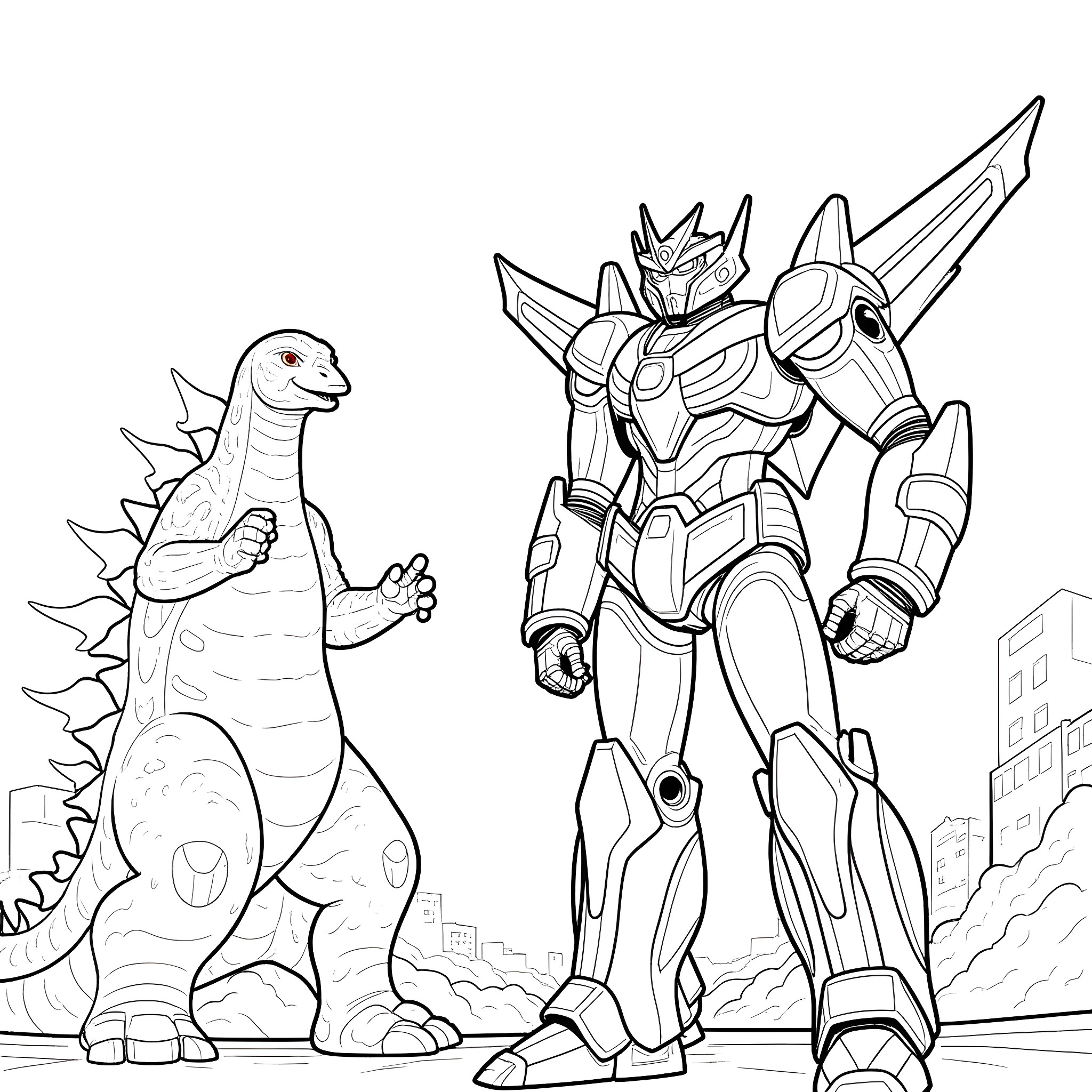Voltron confronting a giant monster in the city Coloring Page (free black-and-white line drawing printable PDF for all, from beginners to advanced learners, including children, teens, adults, and seniors)