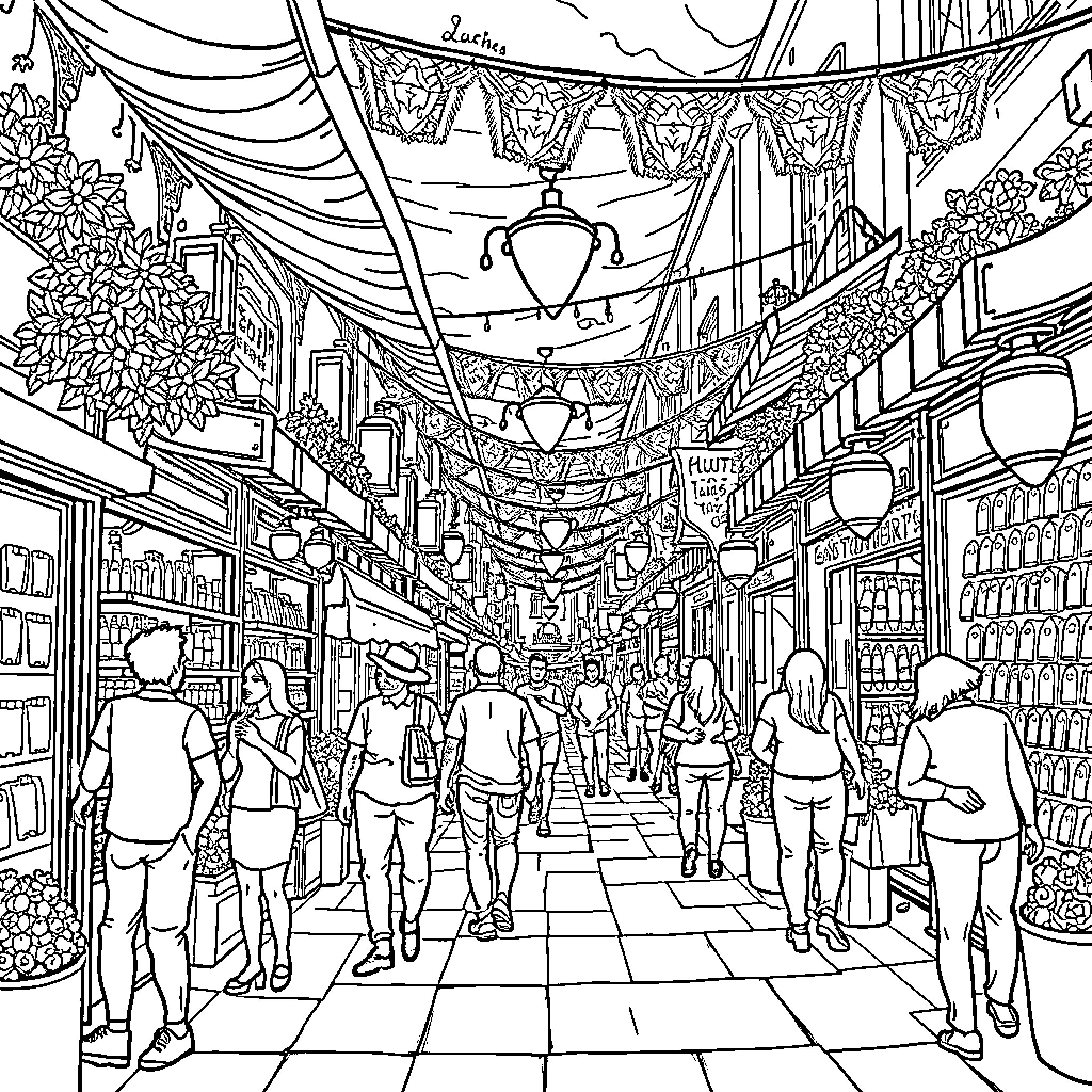 Huntrix's Festive Street Market Adventure Coloring Page (free black-and-white line drawing printable PDF for all, from beginners to advanced learners, including children, teens, adults, and seniors)