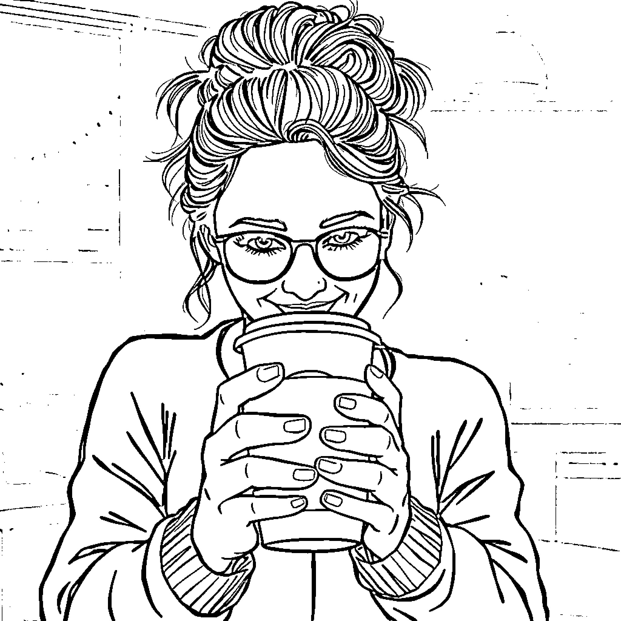 Mom enjoying a warm beverage Coloring Page (free black-and-white line drawing printable PDF for all, from beginners to advanced learners, including children, teens, adults, and seniors)