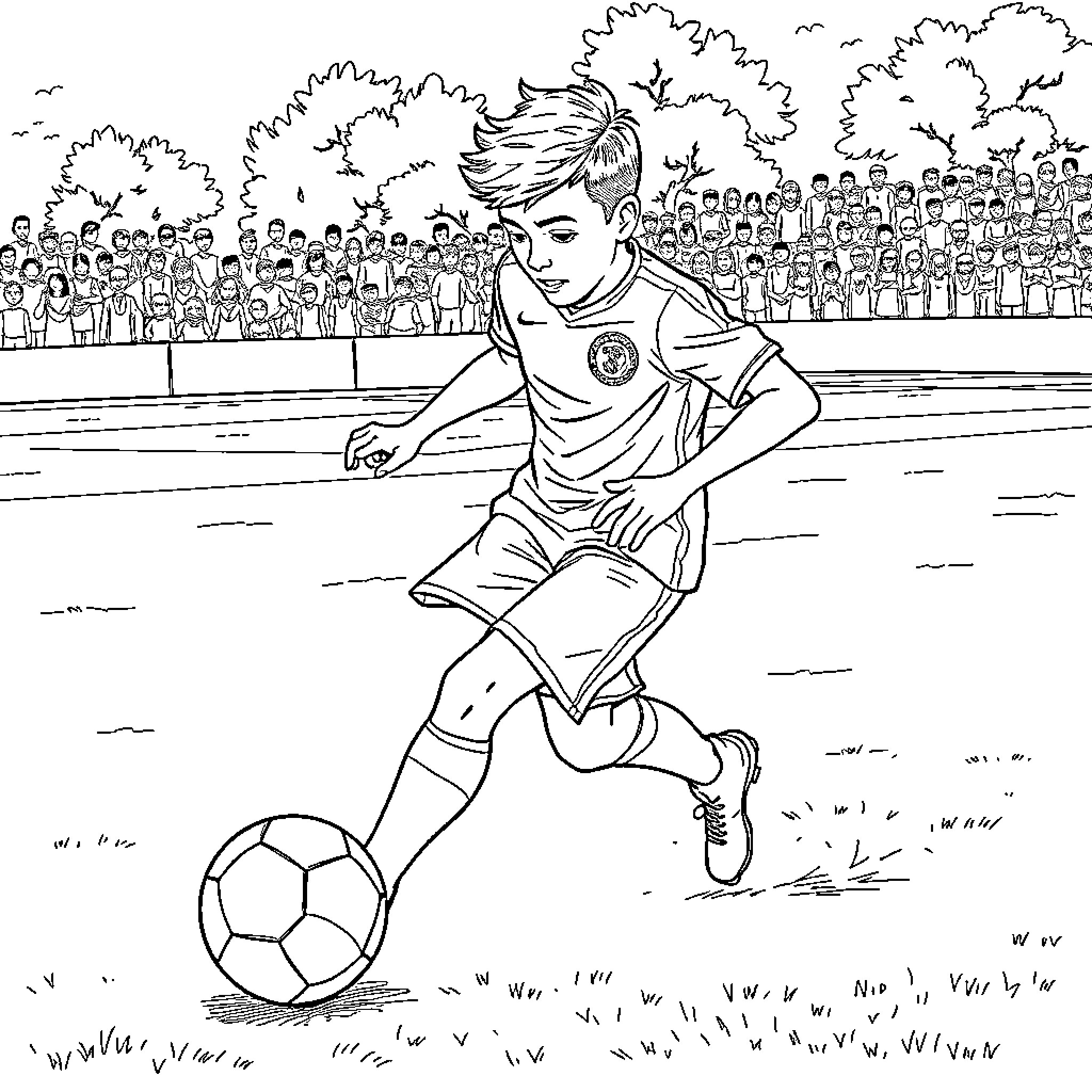 Olise playing football on the field Coloring Page (free black-and-white line drawing printable PDF for all, from beginners to advanced learners, including children, teens, adults, and seniors)
