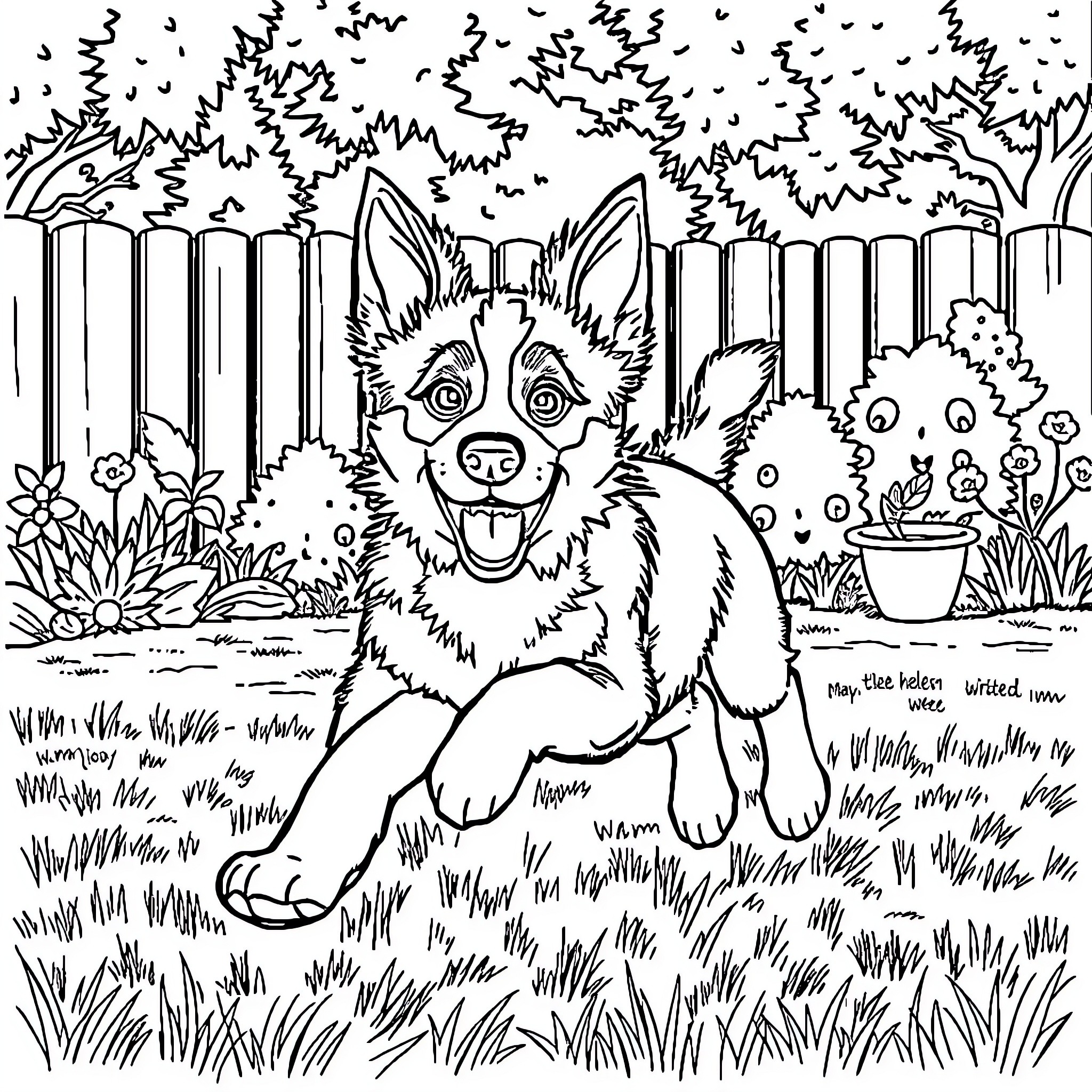 Bluey playing happily in the backyard Coloring Page (free black-and-white line drawing printable PDF for all, from beginners to advanced learners, including children, teens, adults, and seniors)