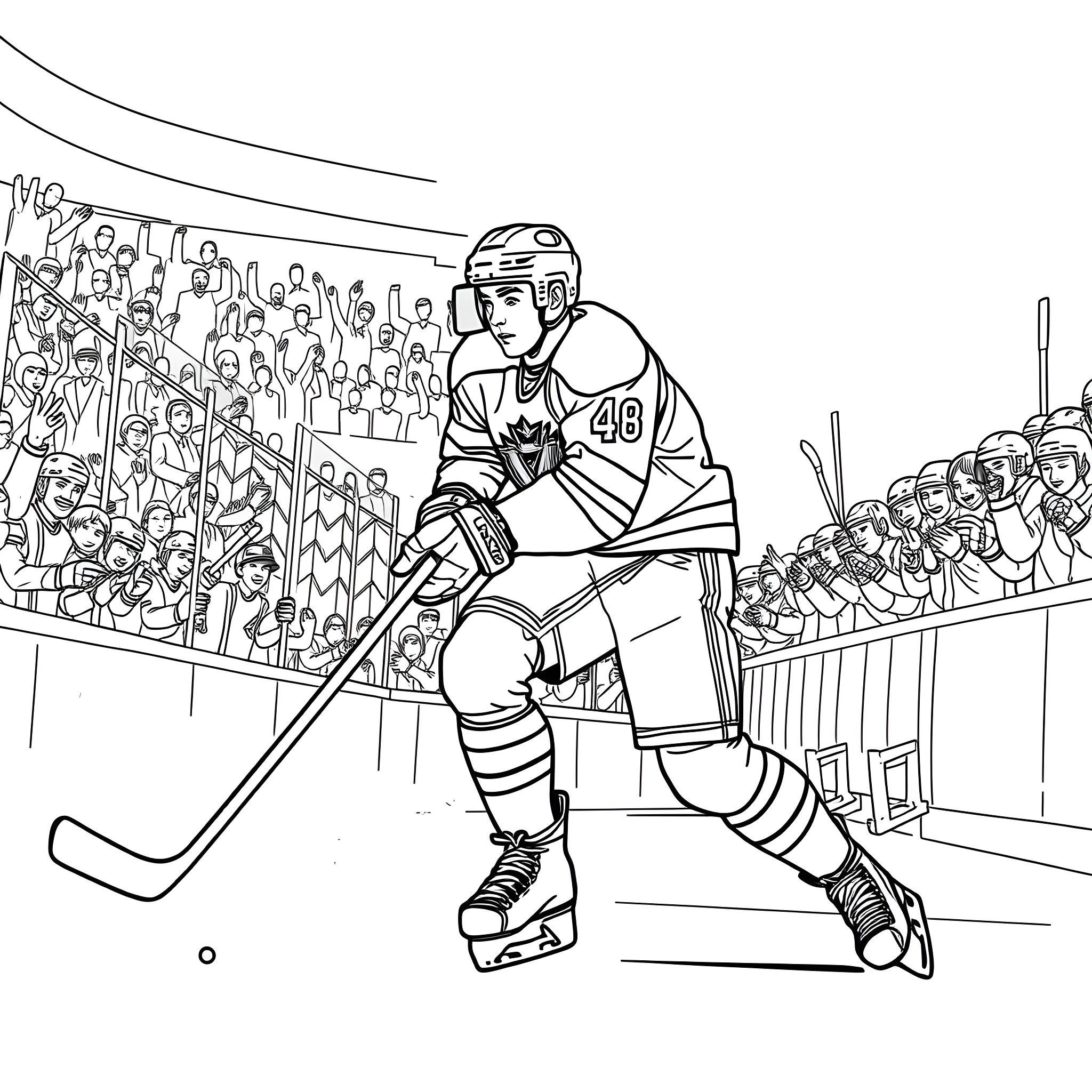 Connor Bedard in action on the ice hockey rink Coloring Page (free black-and-white line drawing printable PDF for all, from beginners to advanced learners, including children, teens, adults, and seniors)