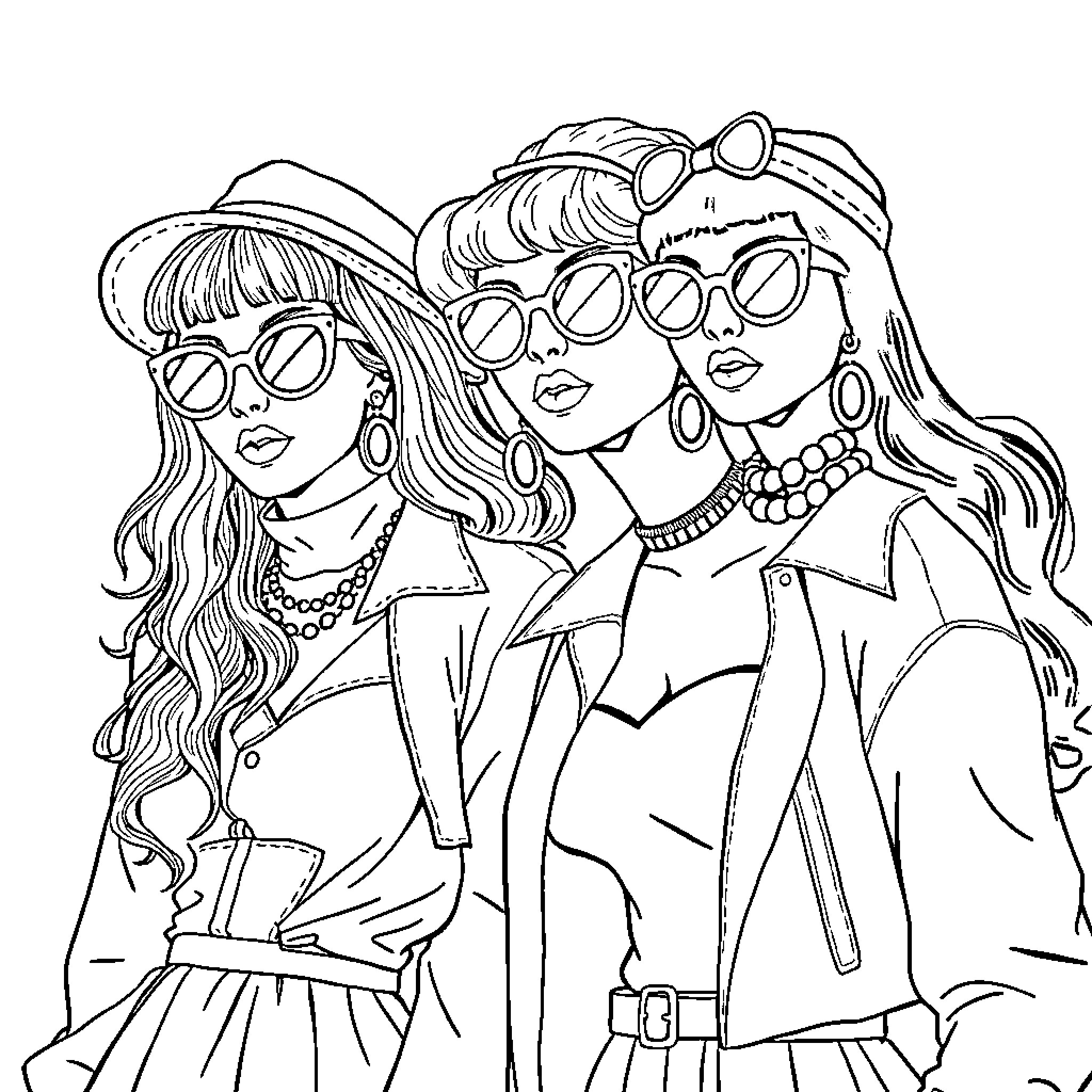 Women dressed in stylish fashion posing together Coloring Page (free black-and-white line drawing printable PDF for all, from beginners to advanced learners, including children, teens, adults, and seniors)
