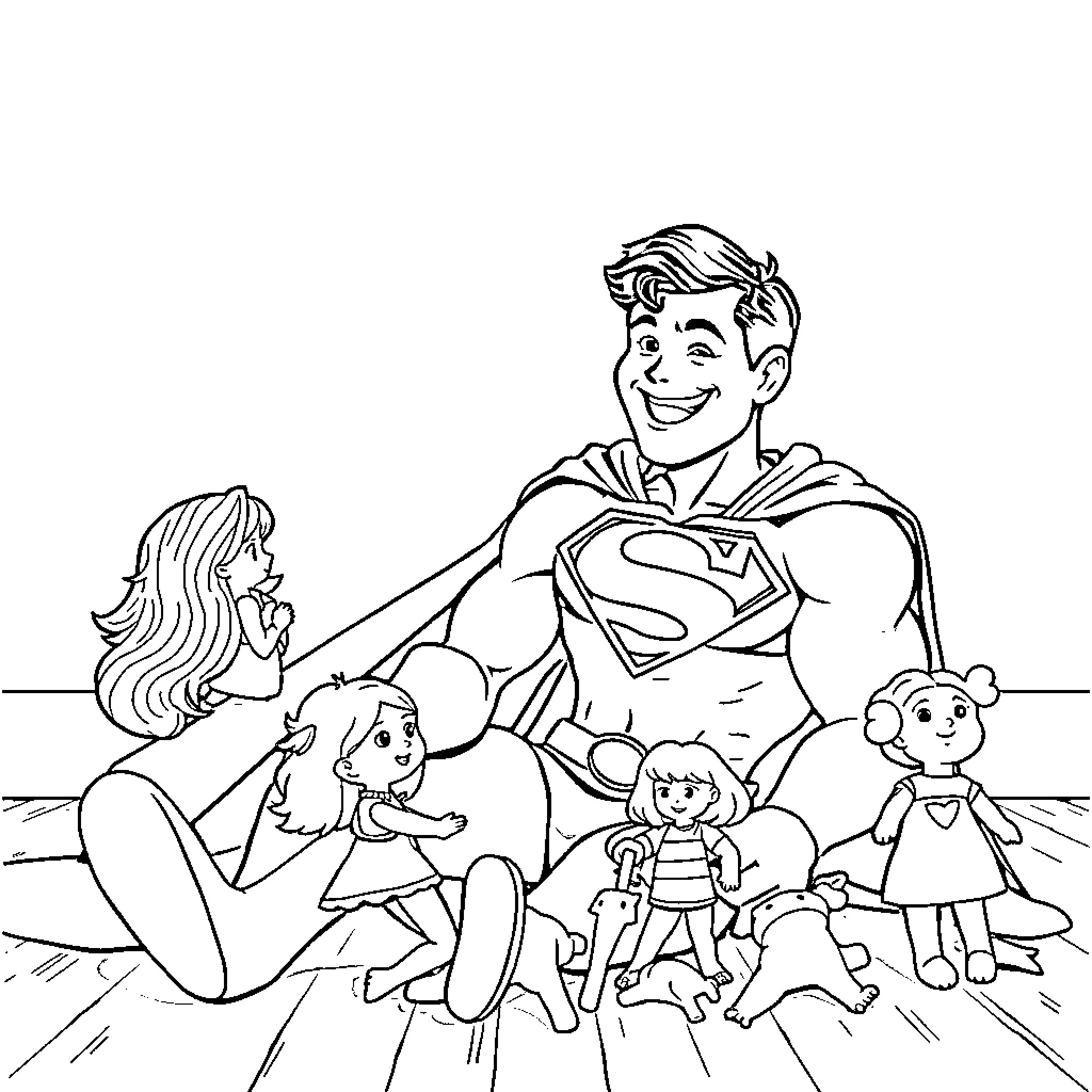 Superman saving family from danger Coloring Page (free black-and-white line drawing printable PDF for all, from beginners to advanced learners, including children, teens, adults, and seniors)