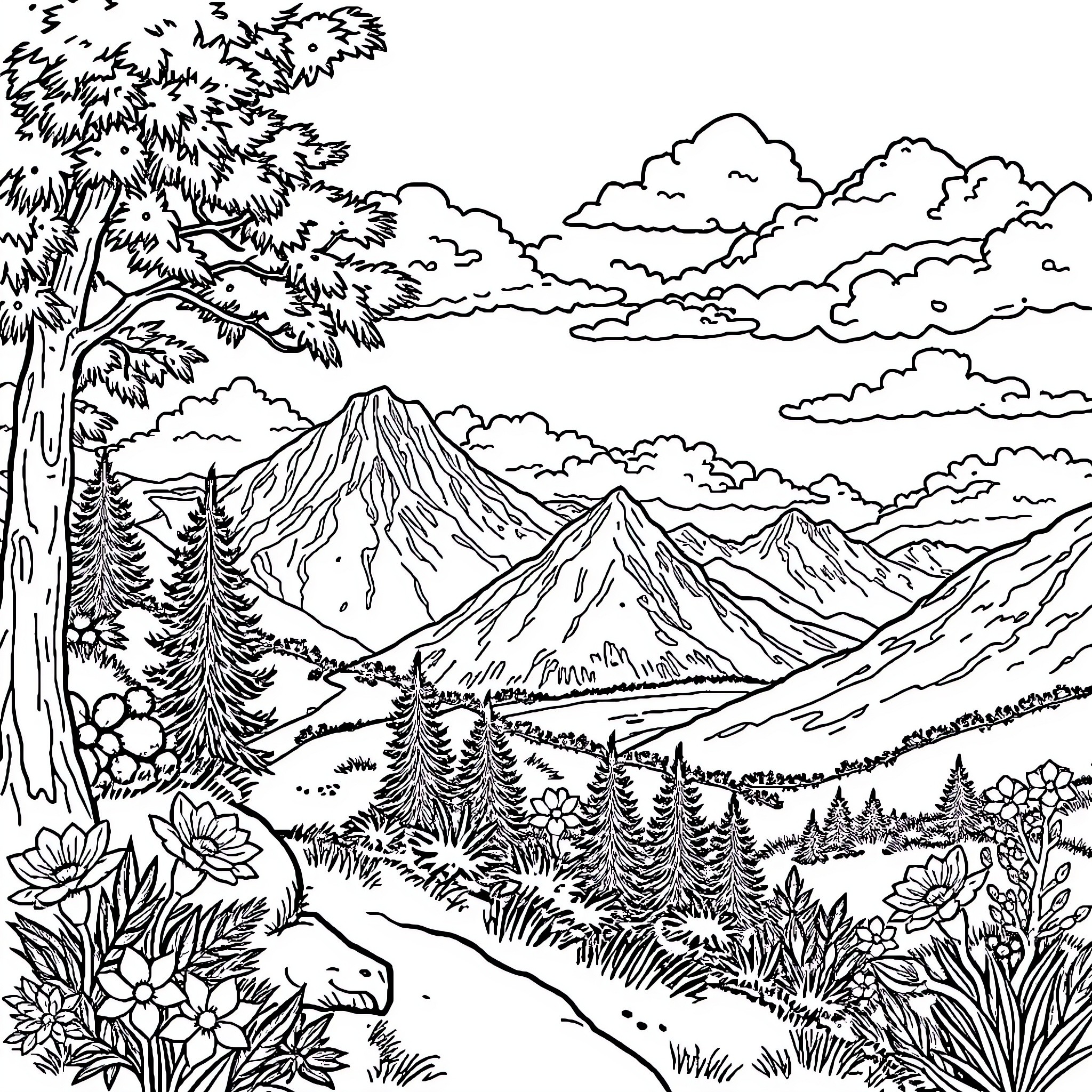 Carpincho enjoying a peaceful mountain landscape Coloring Page (free black-and-white line drawing printable PDF for all, from beginners to advanced learners, including children, teens, adults, and seniors)