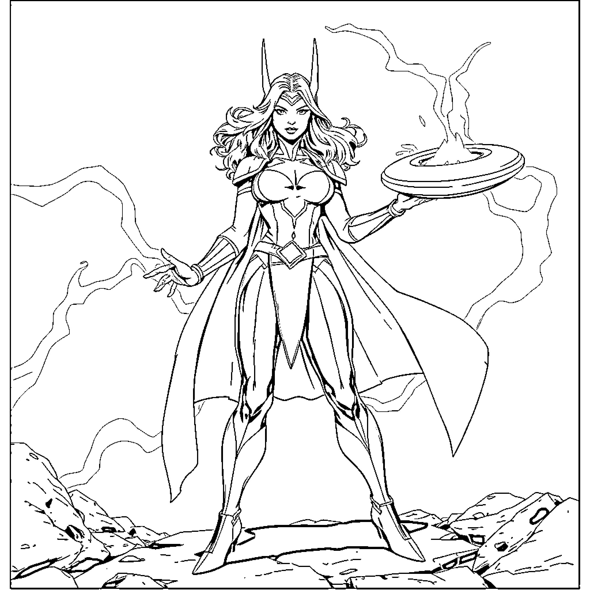 Magik: Powerful Sorceress Wielding Mystical Energy Coloring Page (free black-and-white line drawing printable PDF for all, from beginners to advanced learners, including children, teens, adults, and seniors)
