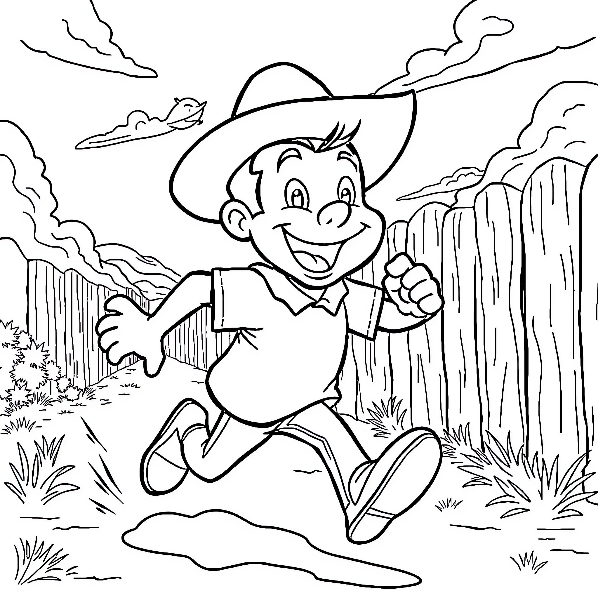 Speedy González running happily in the desert Coloring Page (free black-and-white line drawing printable PDF for all, from beginners to advanced learners, including children, teens, adults, and seniors)