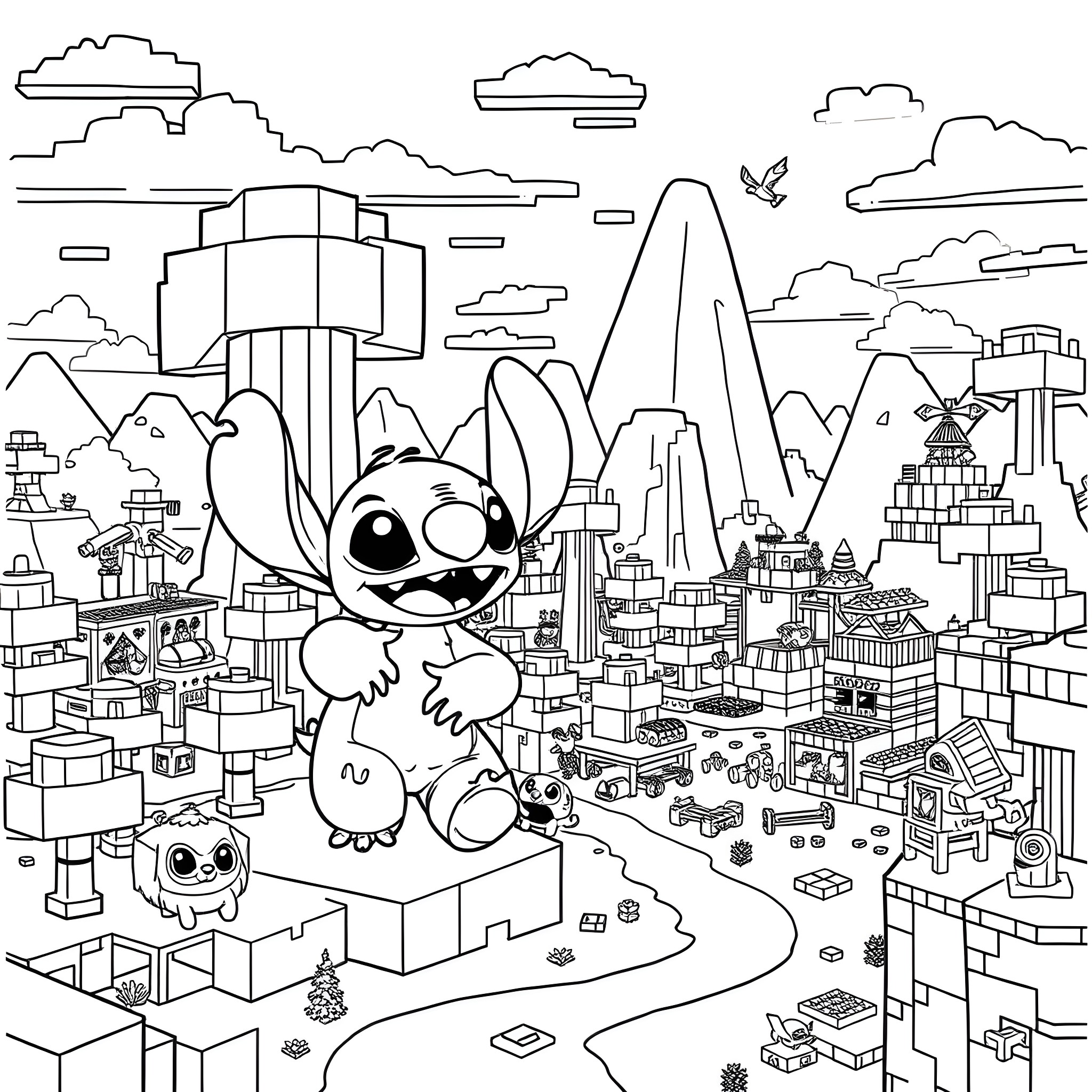 Lilo and Stitch exploring the city landscape Coloring Page (free black-and-white line drawing printable PDF for all, from beginners to advanced learners, including children, teens, adults, and seniors)