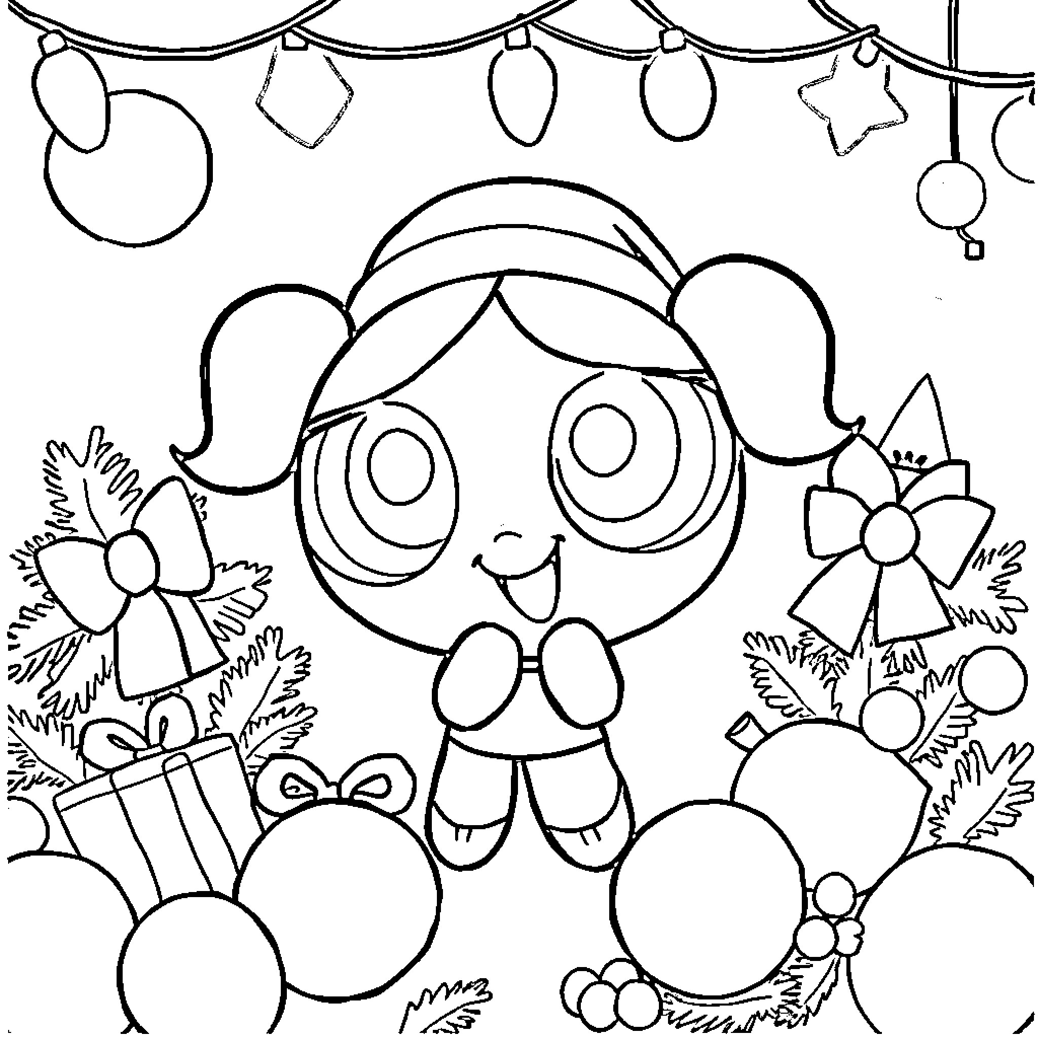 Bubbles and festive decorations around a cheerful character Coloring Page (free black-and-white line drawing printable PDF for all, from beginners to advanced learners, including children, teens, adults, and seniors)