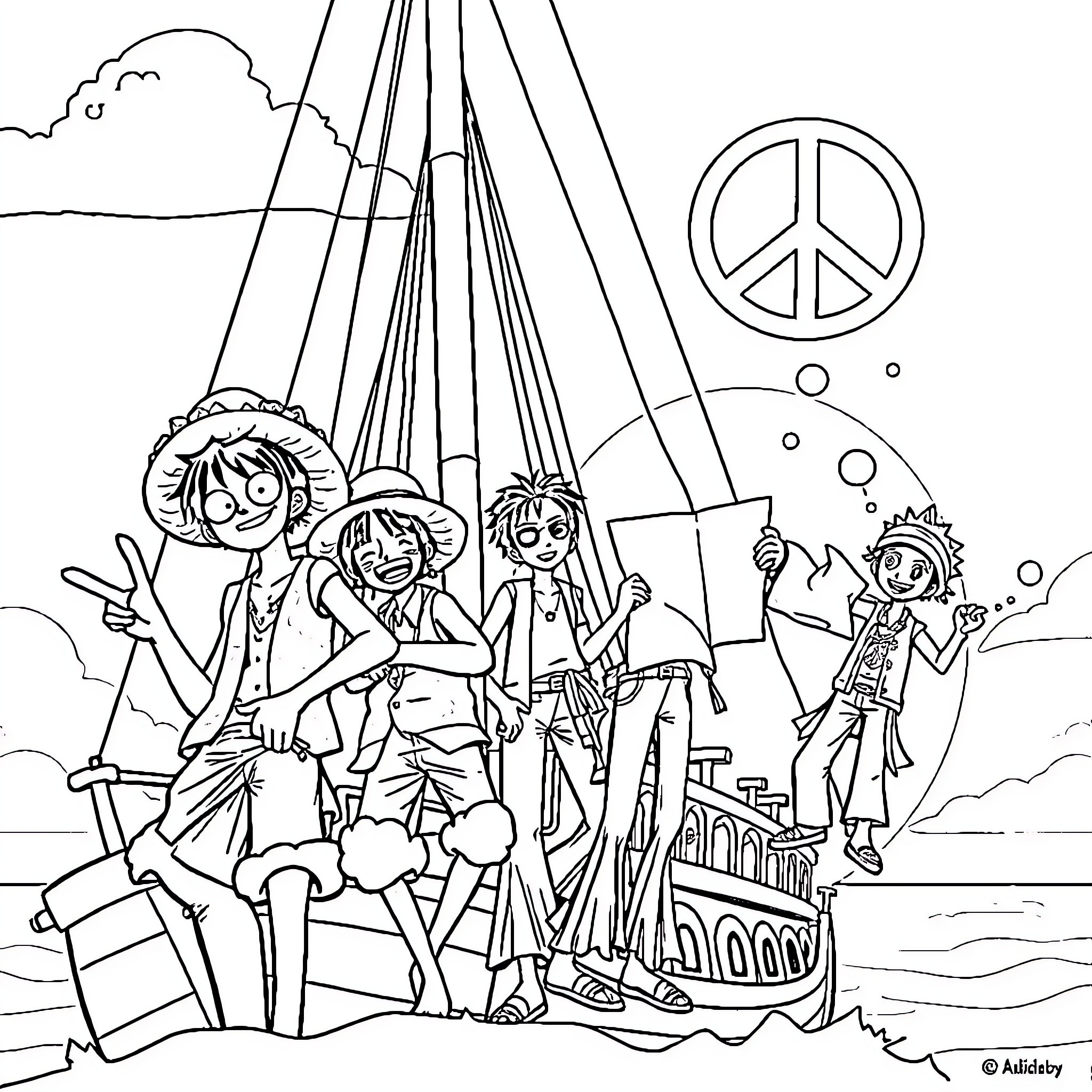 One Piece Characters at Peace Rally on Ship Coloring Page (free black-and-white line drawing printable PDF for all, from beginners to advanced learners, including children, teens, adults, and seniors)