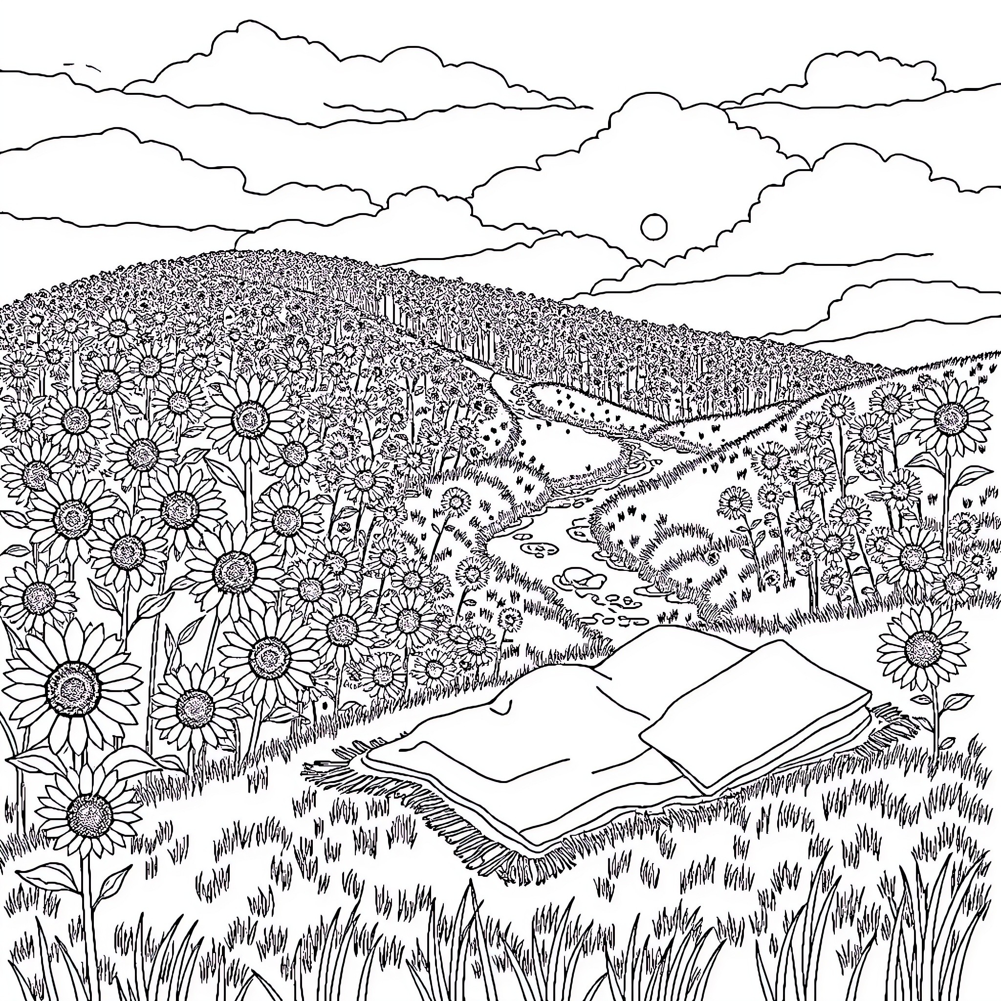 Sunflower field with a book in the meadow Coloring Page (free black-and-white line drawing printable PDF for all, from beginners to advanced learners, including children, teens, adults, and seniors)