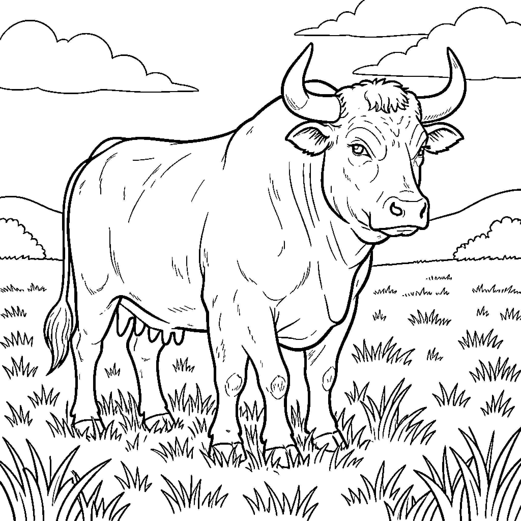 Bull standing calmly in a grassy field Coloring Page (free black-and-white line drawing printable PDF for all, from beginners to advanced learners, including children, teens, adults, and seniors)