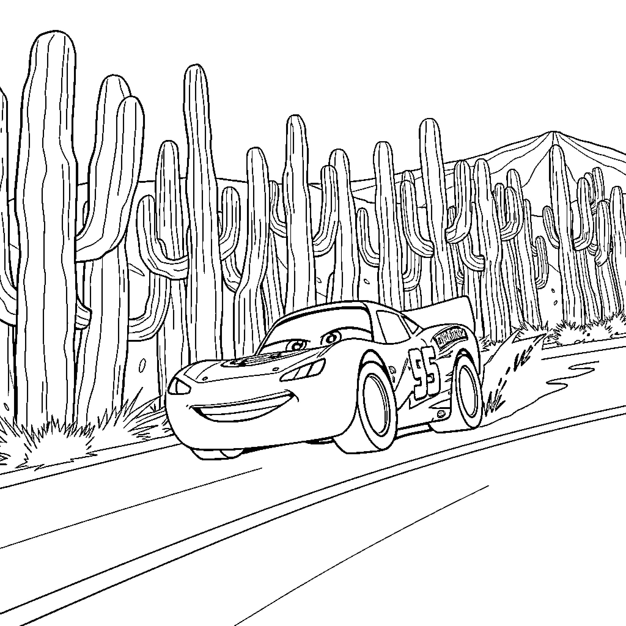 Flash McQueen racing through the desert Coloring Page (free black-and-white line drawing printable PDF for all, from beginners to advanced learners, including children, teens, adults, and seniors)