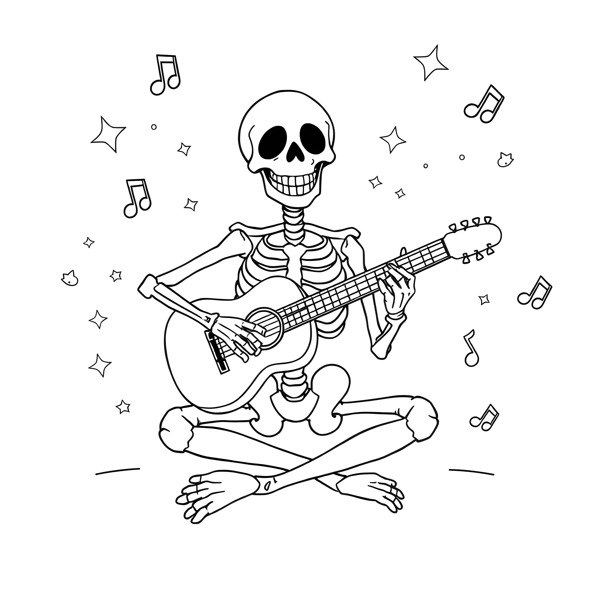 Skeleton playing guitar amidst musical notes Coloring Page (free black-and-white line drawing printable PDF for all, from beginners to advanced learners, including children, teens, adults, and seniors)