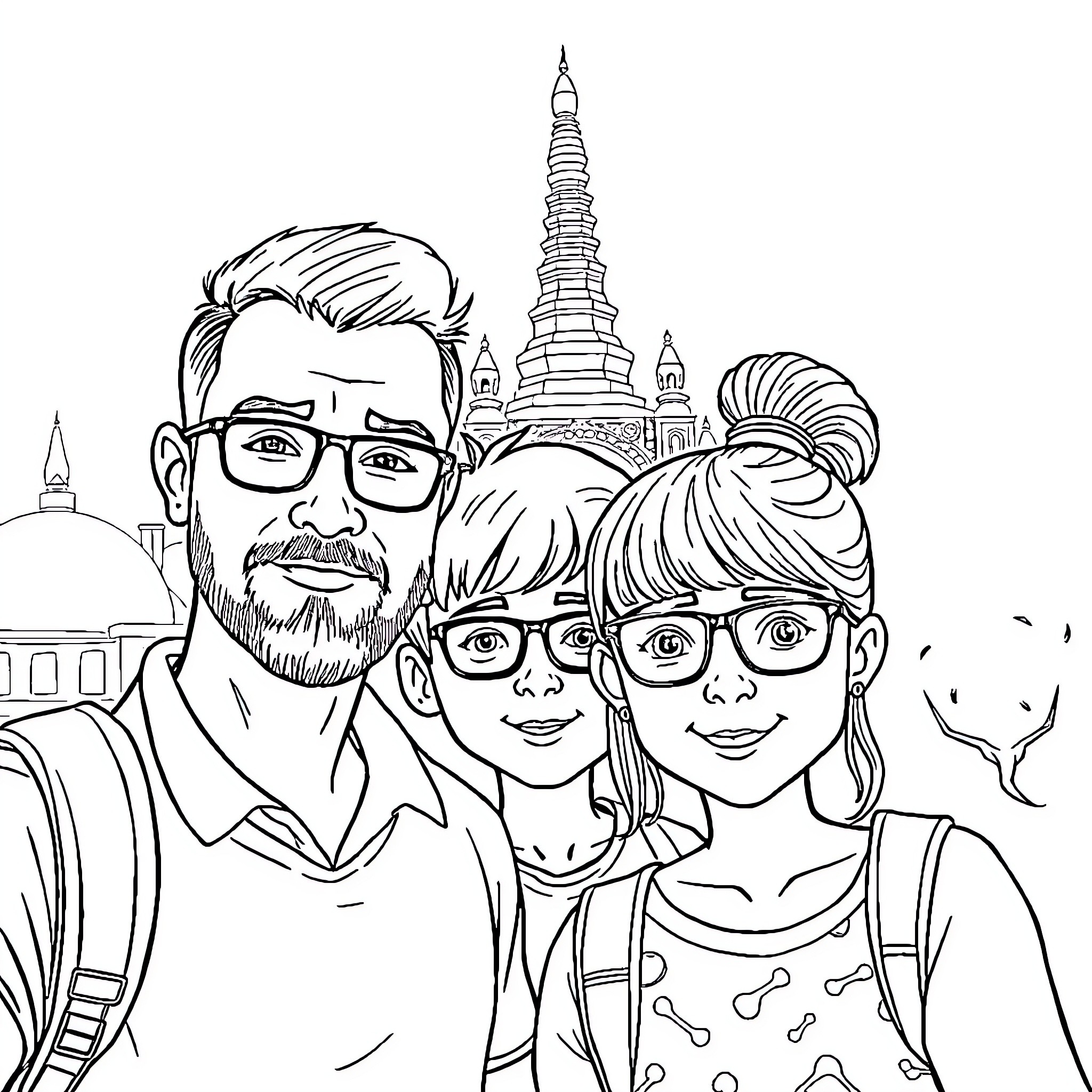 Family Exploring Architectural Wonders Together Coloring Page (free black-and-white line drawing printable PDF for all, from beginners to advanced learners, including children, teens, adults, and seniors)