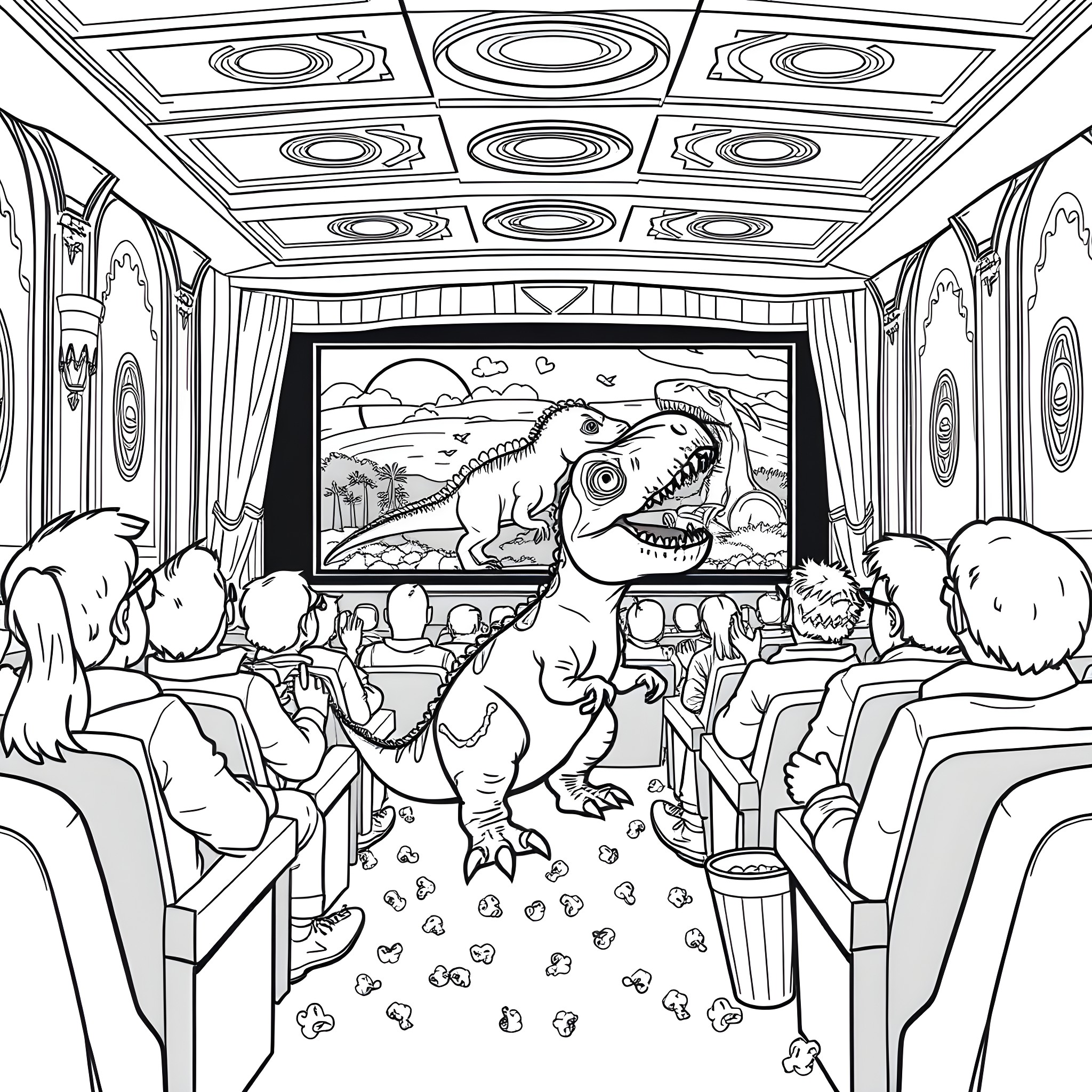 Dinosaur movie night in the theater Coloring Page (free black-and-white line drawing printable PDF for all, from beginners to advanced learners, including children, teens, adults, and seniors)
