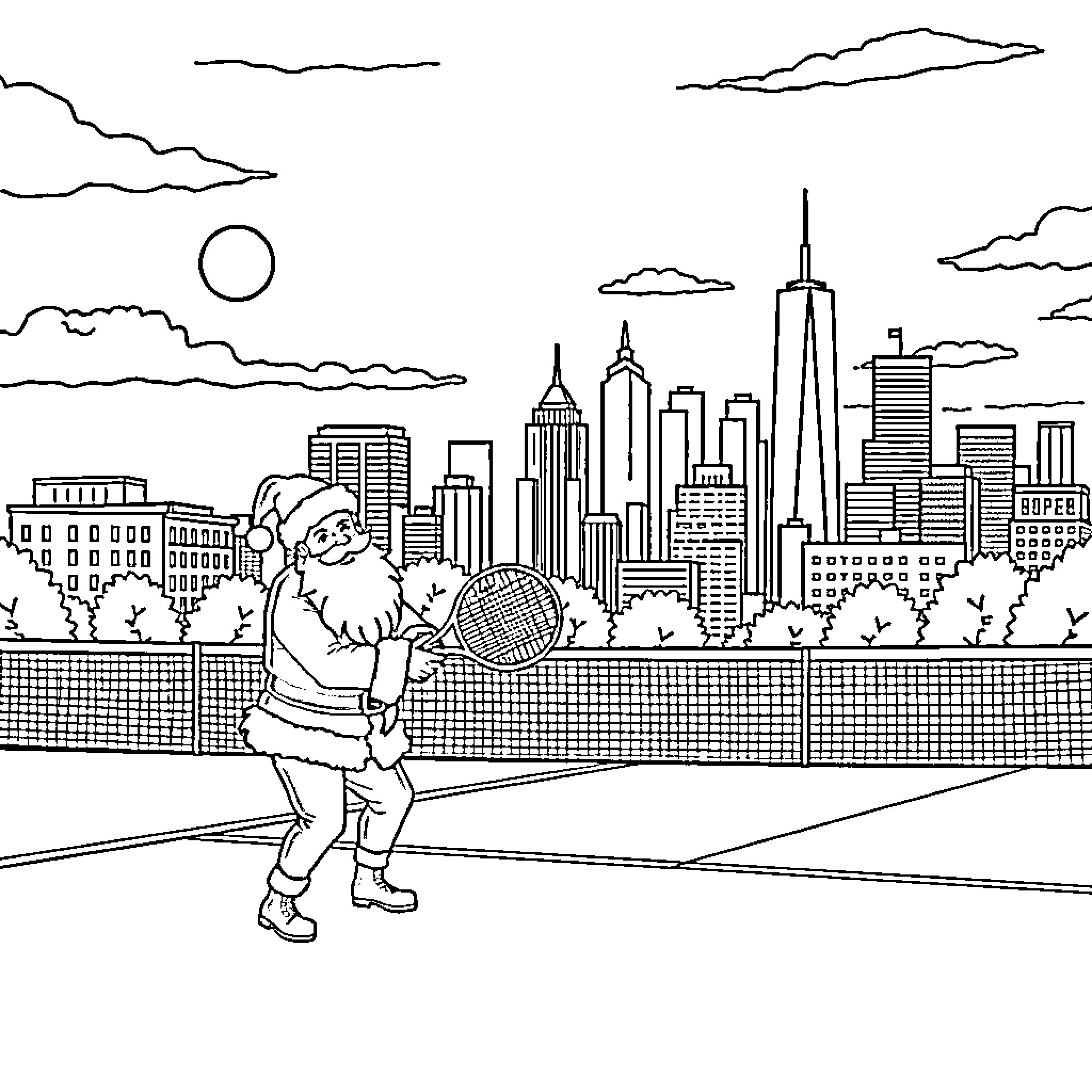 Santa playing tennis in the city Coloring Page (free black-and-white line drawing printable PDF for all, from beginners to advanced learners, including children, teens, adults, and seniors)