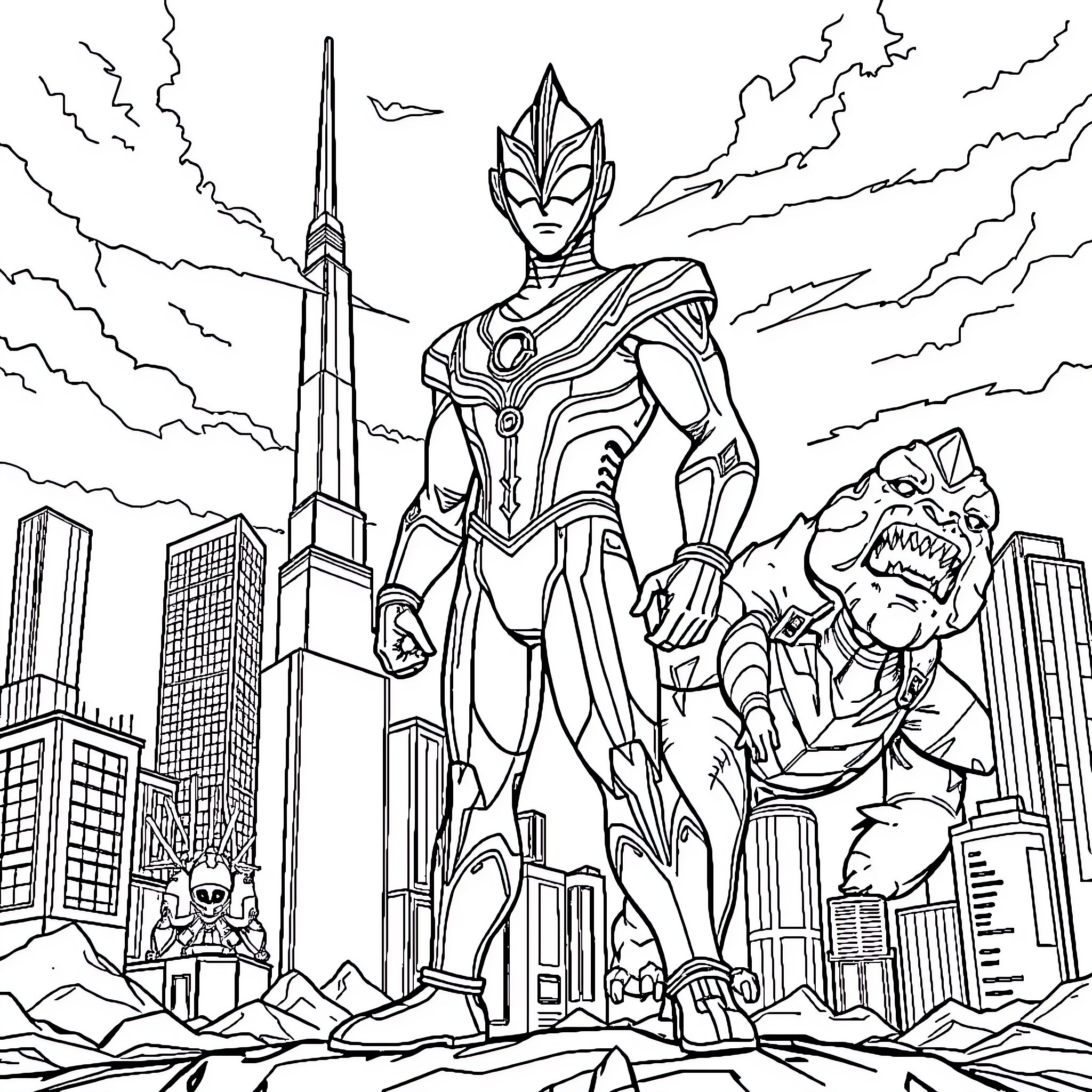 Ultraman confronting a giant monster in the city Coloring Page (free black-and-white line drawing printable PDF for all, from beginners to advanced learners, including children, teens, adults, and seniors)