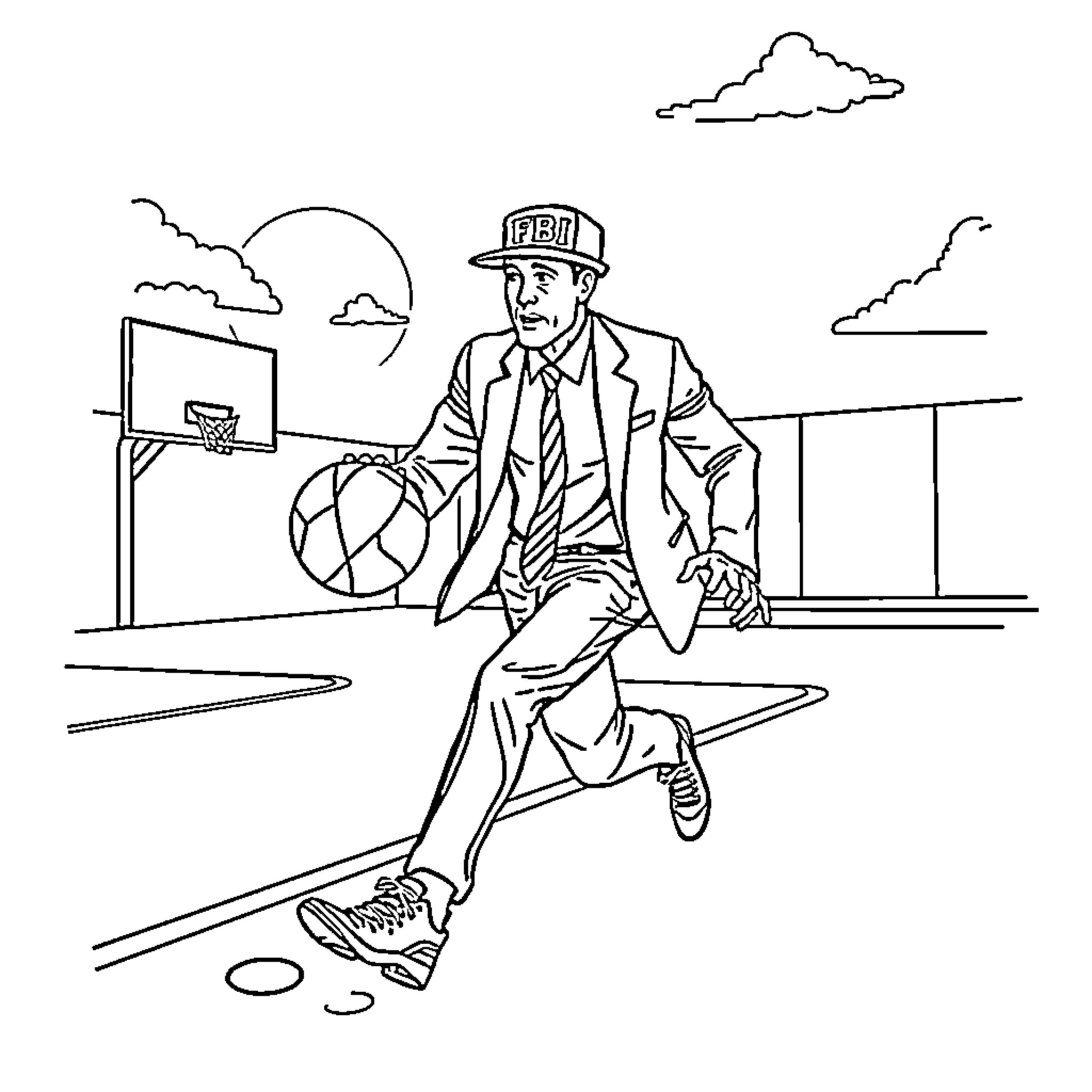 Man playing basketball on the court Coloring Page (free black-and-white line drawing printable PDF for all, from beginners to advanced learners, including children, teens, adults, and seniors)