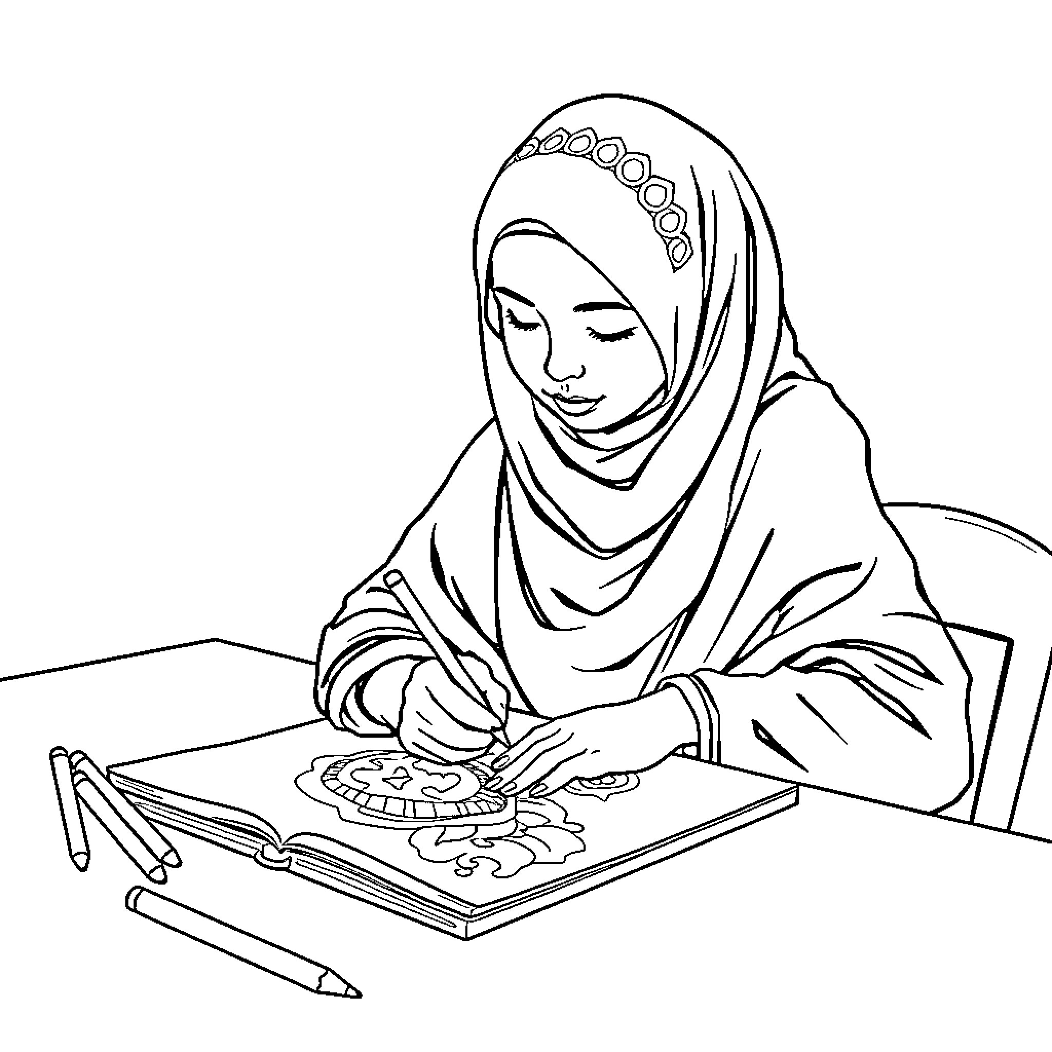 Girl intently working on detailed artwork Coloring Page (free black-and-white line drawing printable PDF for all, from beginners to advanced learners, including children, teens, adults, and seniors)