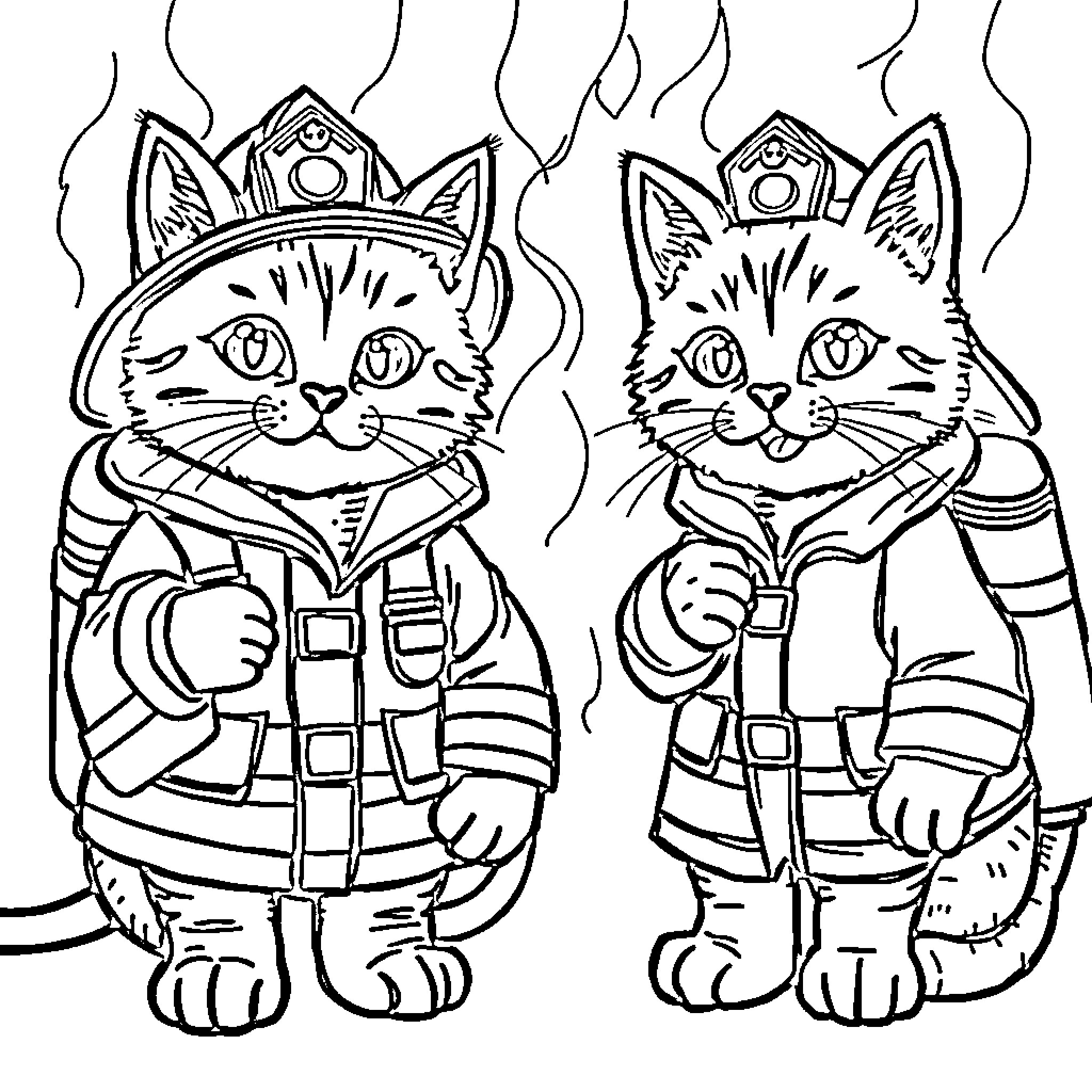Cat superheroes in costume Coloring Page (free black-and-white line drawing printable PDF for all, from beginners to advanced learners, including children, teens, adults, and seniors)