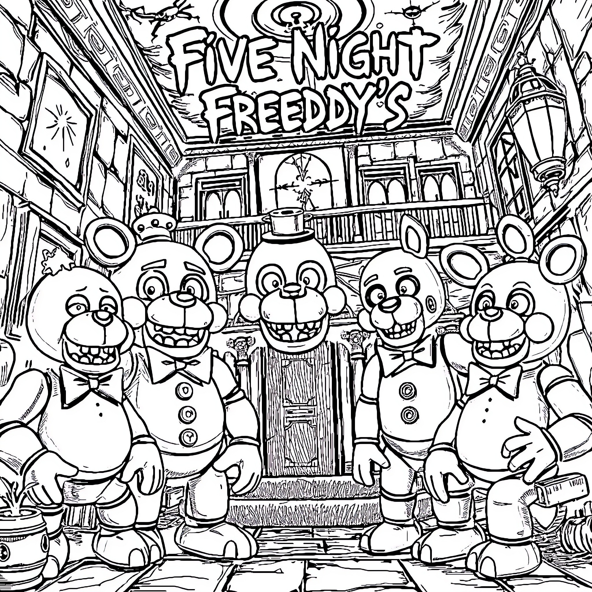Freddy's Five Night Pizzeria Adventure Coloring Page (free black-and-white line drawing printable PDF for all, from beginners to advanced learners, including children, teens, adults, and seniors)