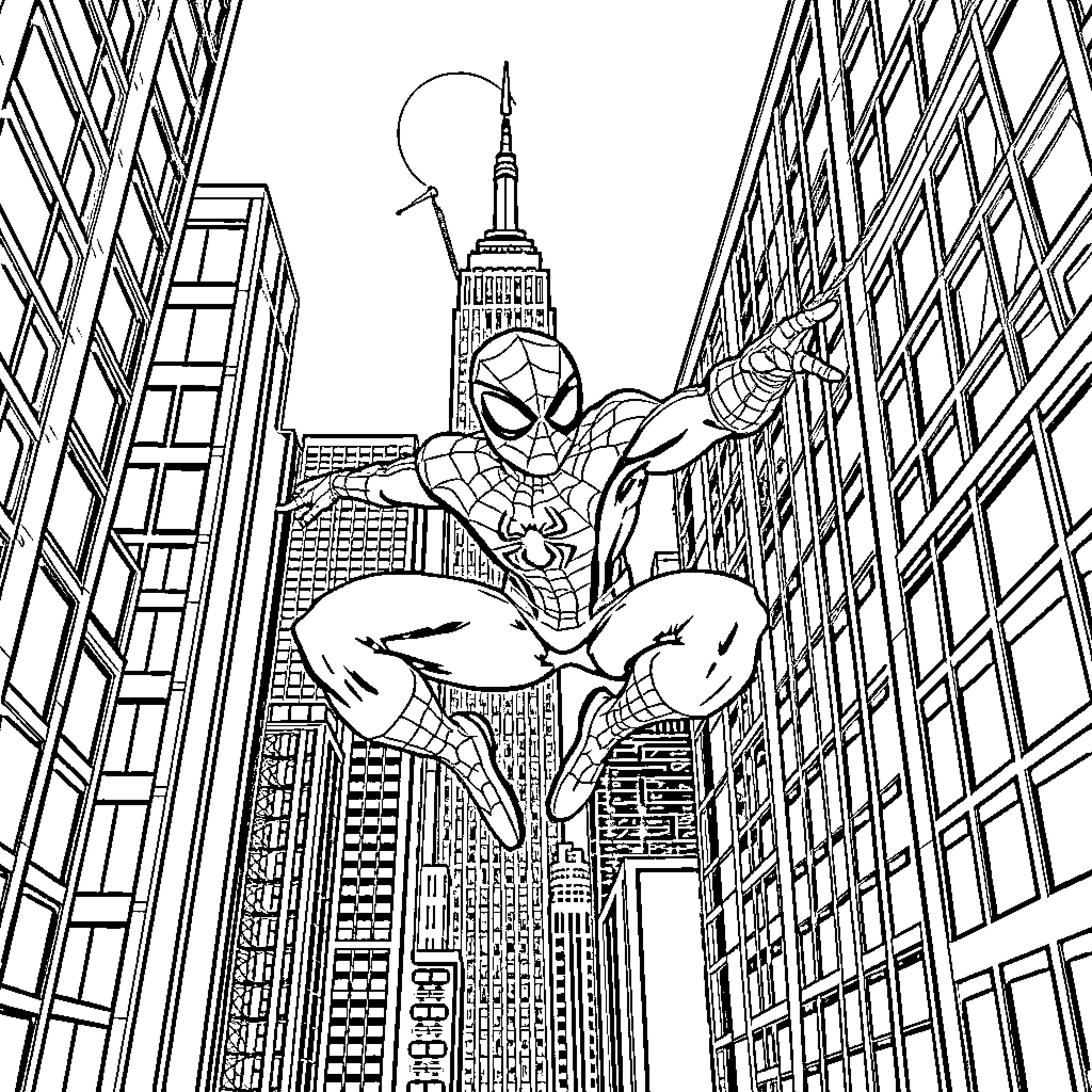 Spiderman swinging through the city skyline Coloring Page (free black-and-white line drawing printable PDF for all, from beginners to advanced learners, including children, teens, adults, and seniors)