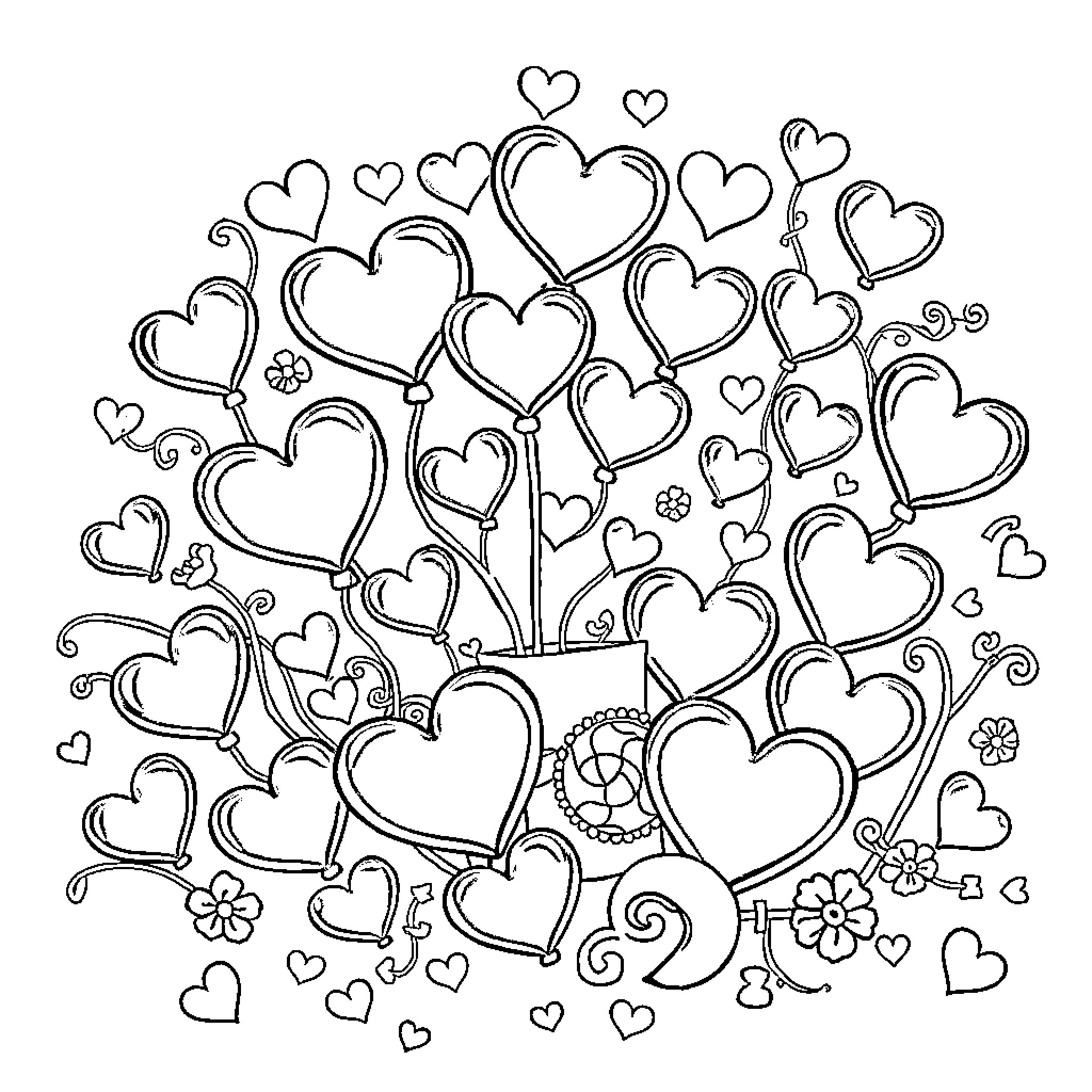 Valentine's Day Doodle of Hearts and Flowers Coloring Page (free black-and-white line drawing printable PDF for all, from beginners to advanced learners, including children, teens, adults, and seniors)