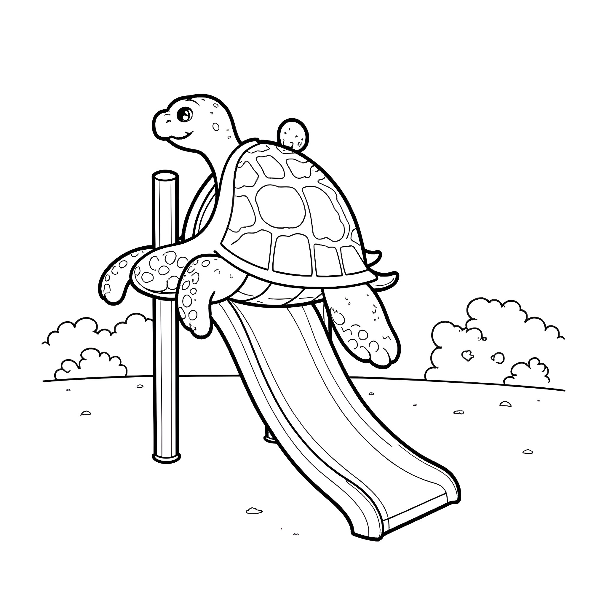 Turtle enjoying a fun slide on the playground Coloring Page (free black-and-white line drawing printable PDF for all, from beginners to advanced learners, including children, teens, adults, and seniors)