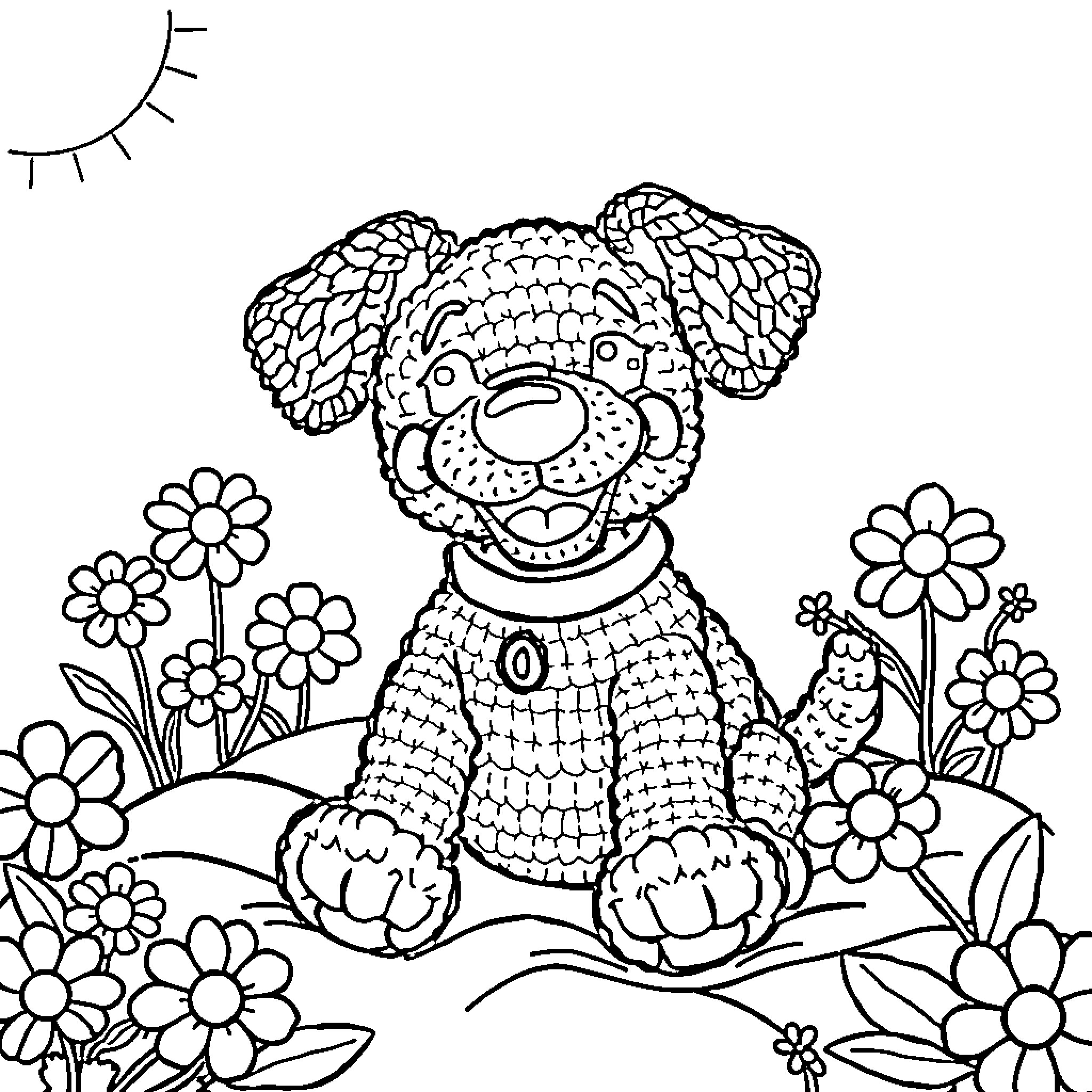 Dog playing in a flowery field Coloring Page (free black-and-white line drawing printable PDF for all, from beginners to advanced learners, including children, teens, adults, and seniors)