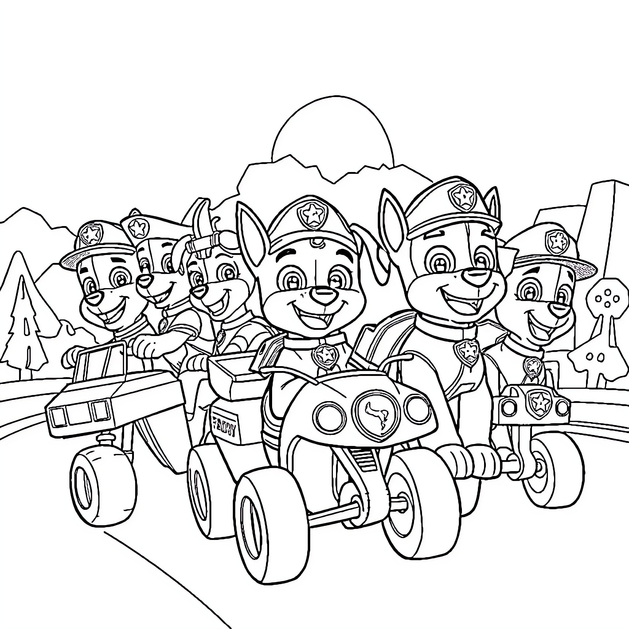 Paw Patrol characters on all-terrain vehicles Coloring Page (free black-and-white line drawing printable PDF for all, from beginners to advanced learners, including children, teens, adults, and seniors)