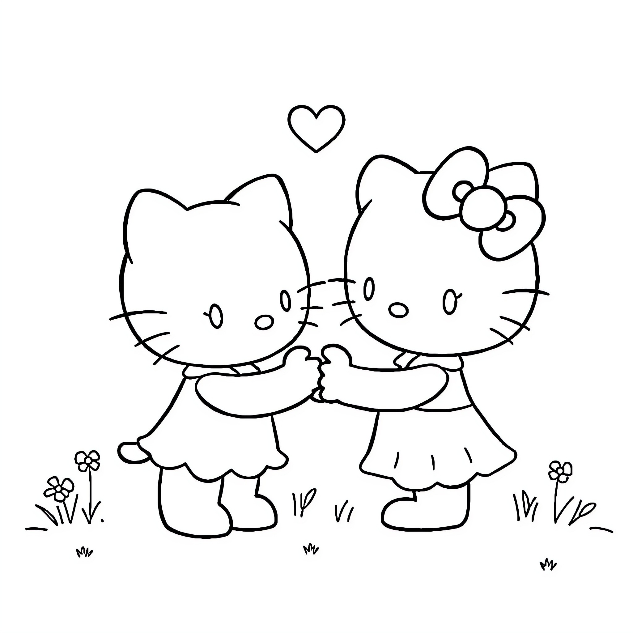 Hello Kitty holding hands with a friend Coloring Page (free black-and-white line drawing printable PDF for all, from beginners to advanced learners, including children, teens, adults, and seniors)