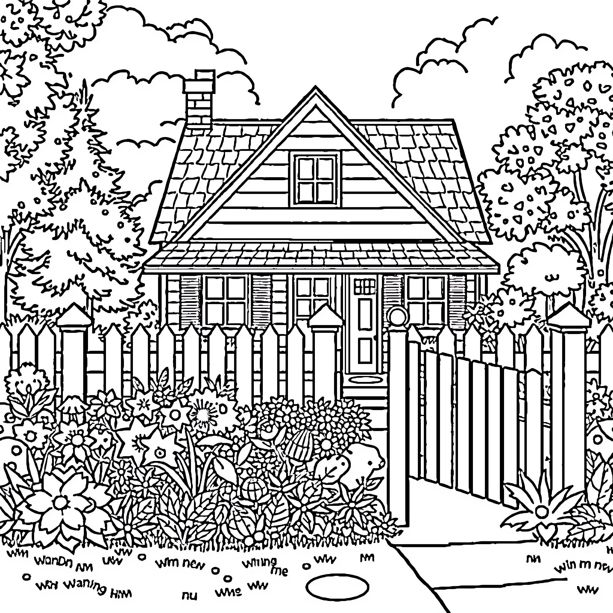 House with garden and fence in a scenic countryside setting Coloring Page (free black-and-white line drawing printable PDF for all, from beginners to advanced learners, including children, teens, adults, and seniors)