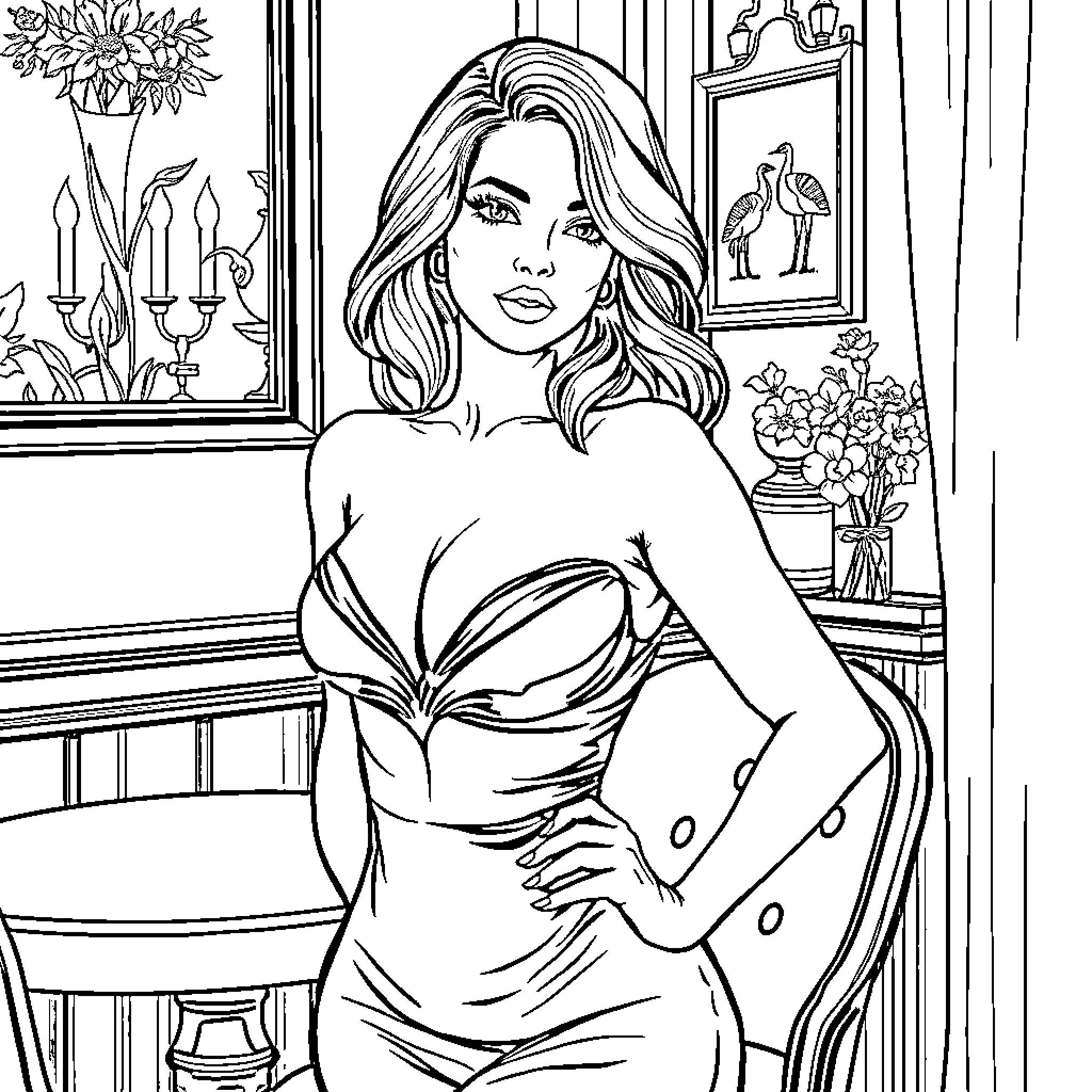 Babe in a Glamorous Setting Coloring Page (free black-and-white line drawing printable PDF for all, from beginners to advanced learners, including children, teens, adults, and seniors)