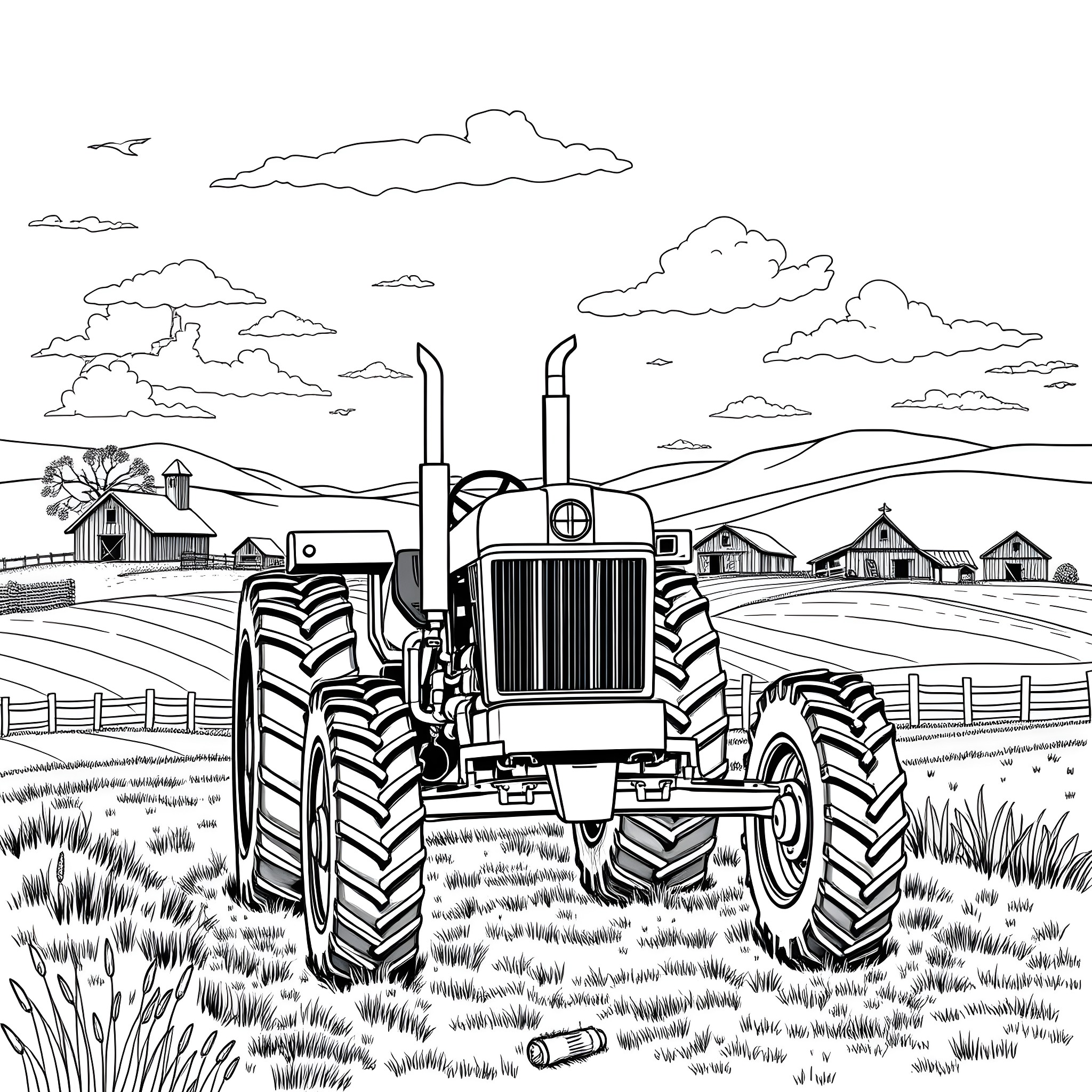 Tractor working in the rural countryside Coloring Page (free black-and-white line drawing printable PDF for all, from beginners to advanced learners, including children, teens, adults, and seniors)