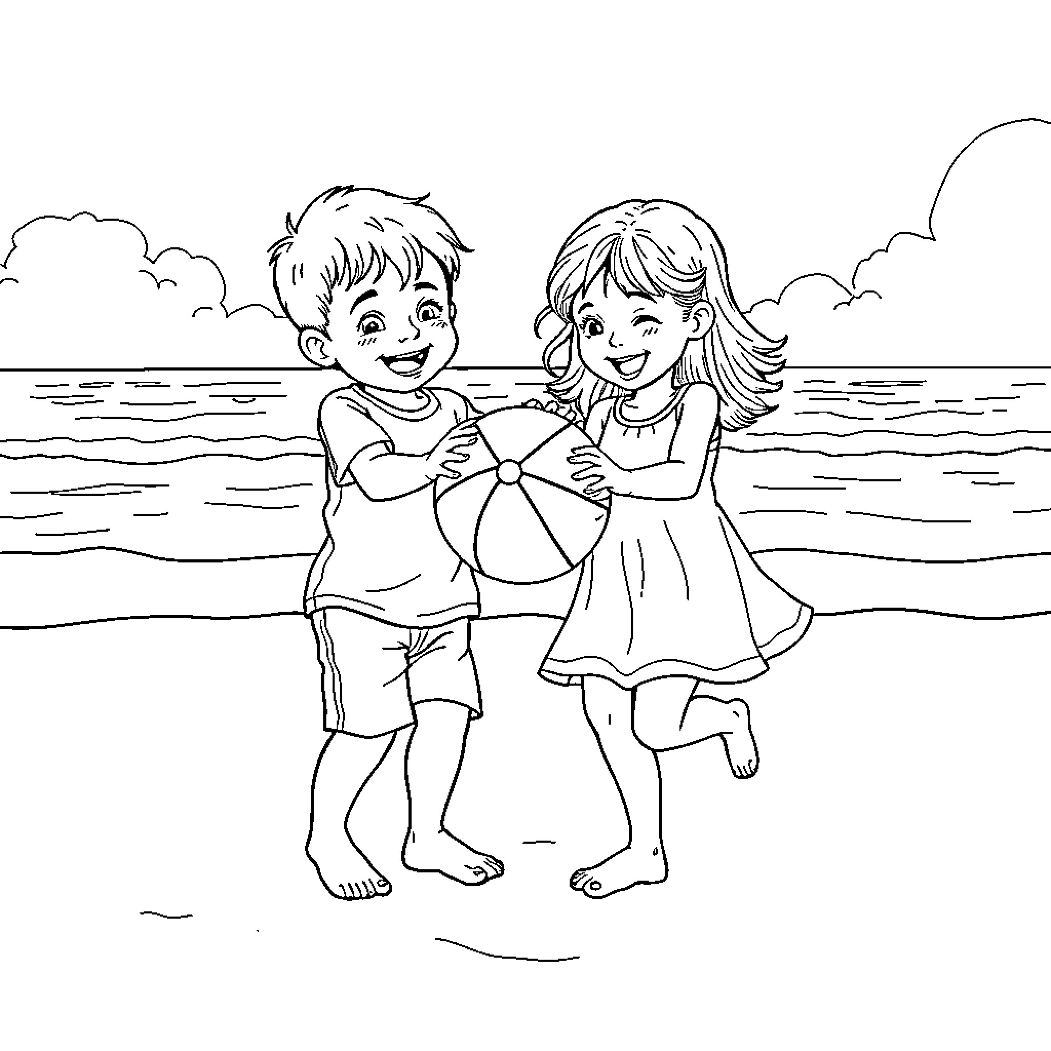Child playing joyfully with beach ball near the ocean Coloring Page (free black-and-white line drawing printable PDF for all, from beginners to advanced learners, including children, teens, adults, and seniors)