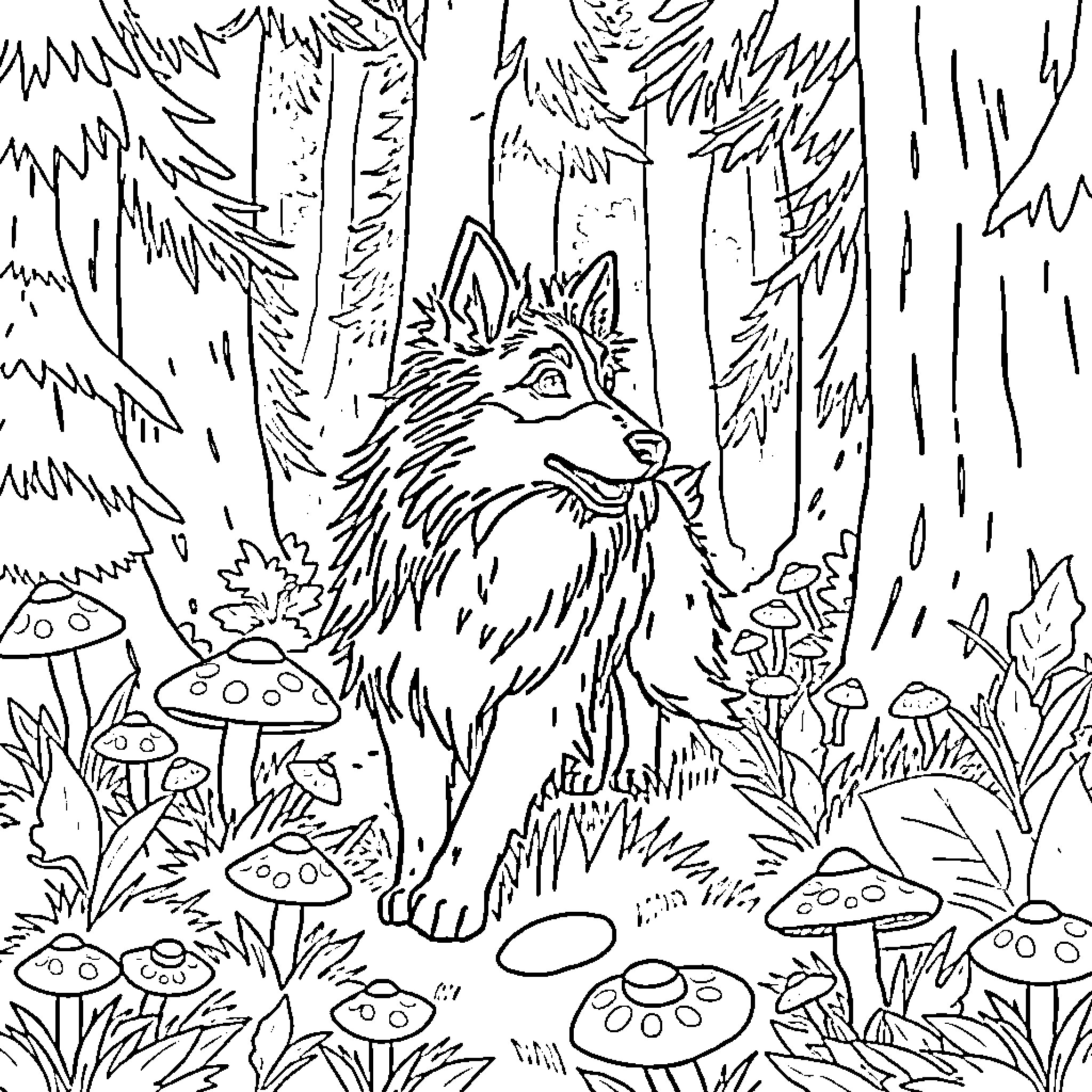 Collie Pup Exploring Enchanted Forest Coloring Page (free black-and-white line drawing printable PDF for all, from beginners to advanced learners, including children, teens, adults, and seniors)