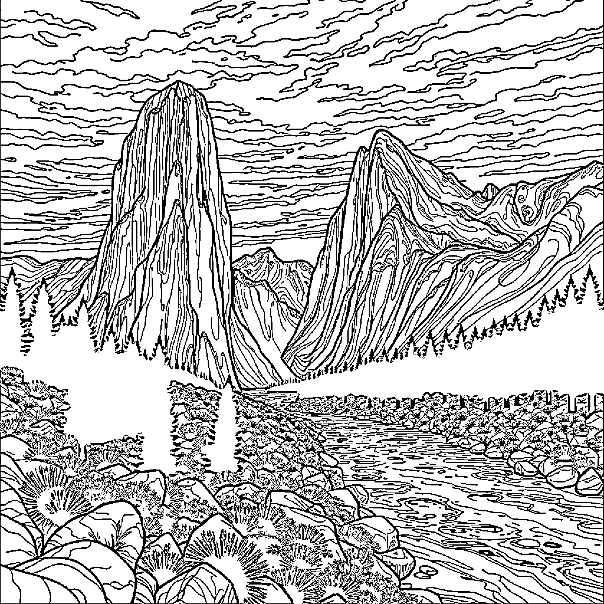 Mountain Landscape with Dramatic Clouds Coloring Page (free black-and-white line drawing printable PDF for all, from beginners to advanced learners, including children, teens, adults, and seniors)