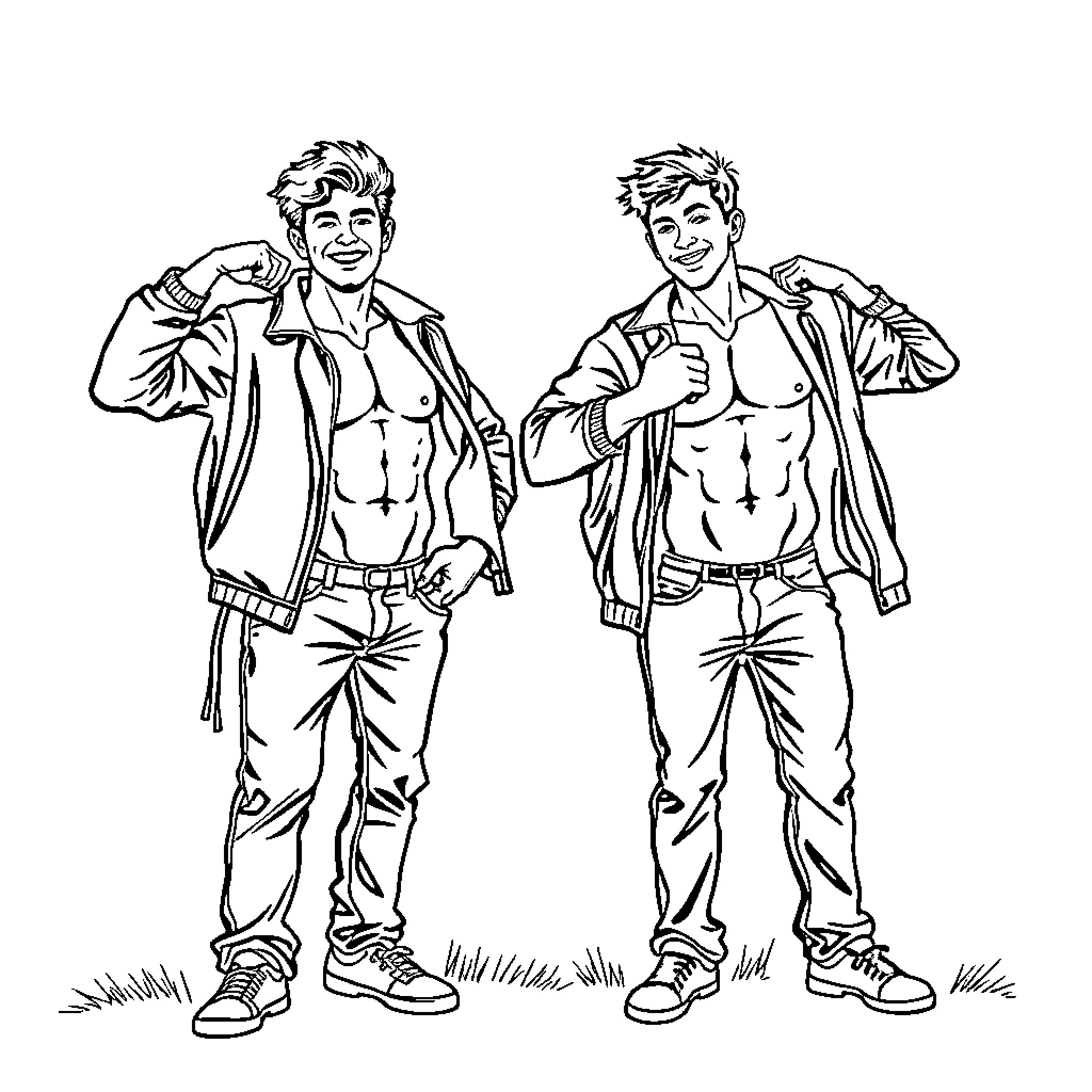 Dude showing off muscular physiques Coloring Page (free black-and-white line drawing printable PDF for all, from beginners to advanced learners, including children, teens, adults, and seniors)