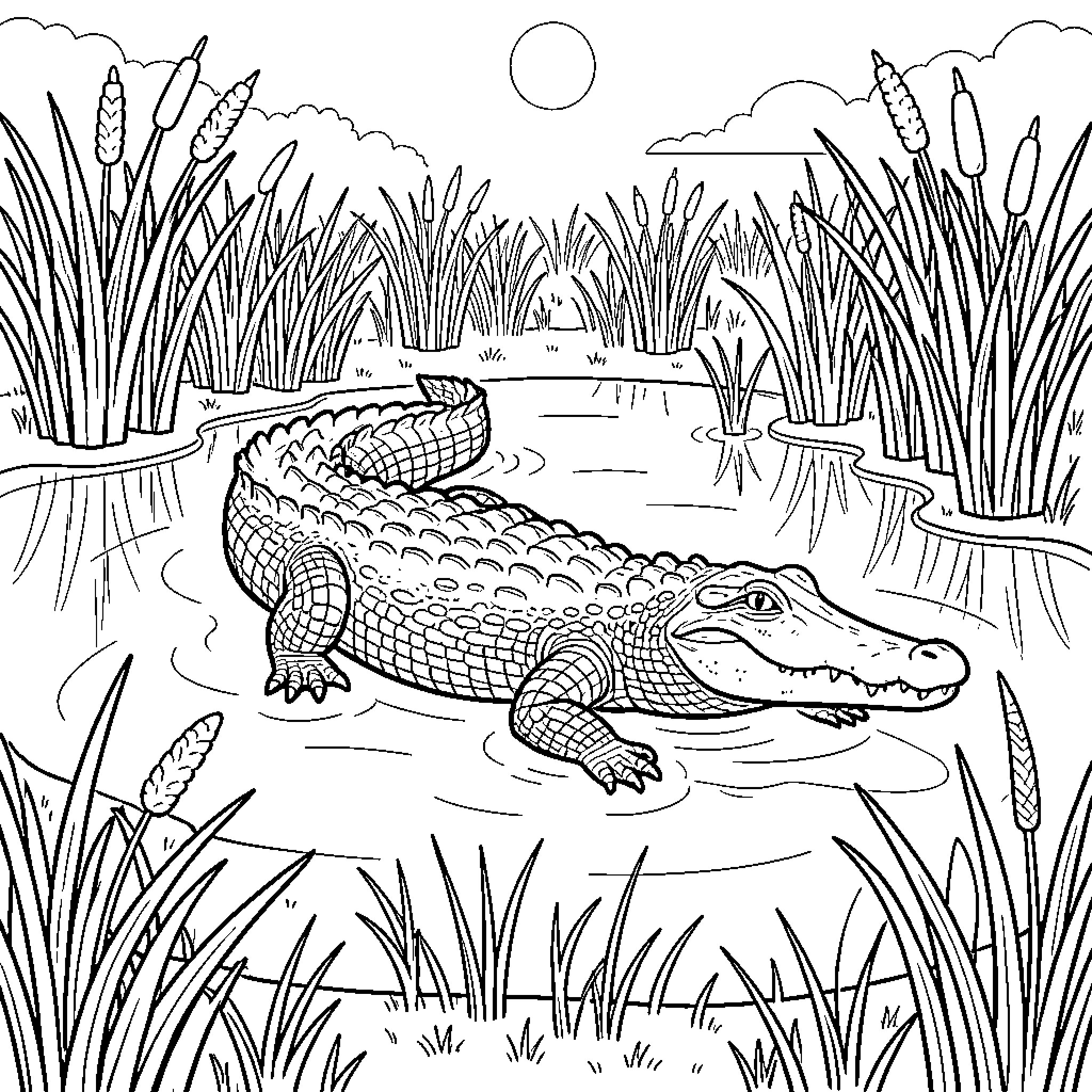 Alligator resting peacefully in a marshy pond Coloring Page (free black-and-white line drawing printable PDF for all, from beginners to advanced learners, including children, teens, adults, and seniors)