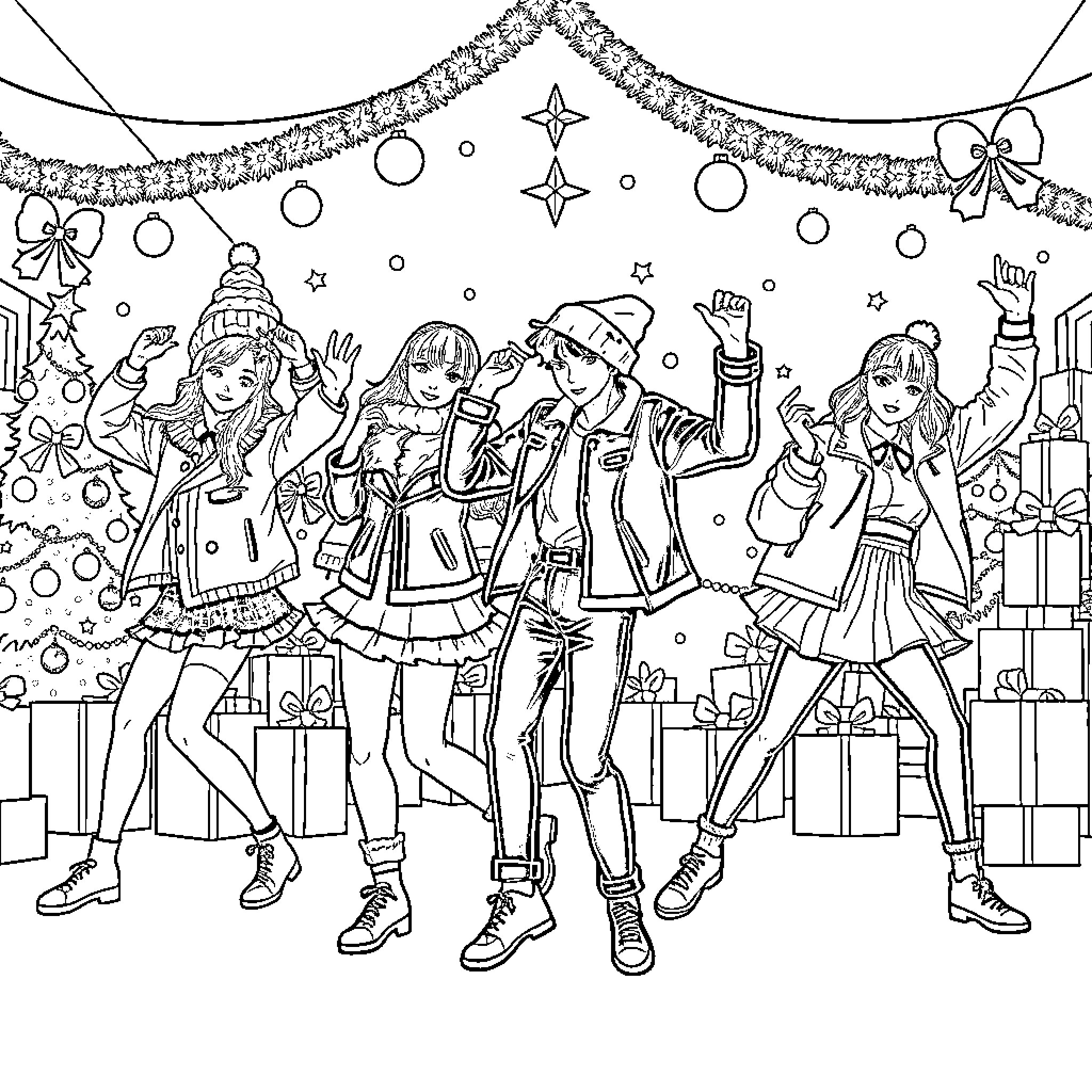 K Pop Friends Celebrating the Holidays Together Coloring Page (free black-and-white line drawing printable PDF for all, from beginners to advanced learners, including children, teens, adults, and seniors)