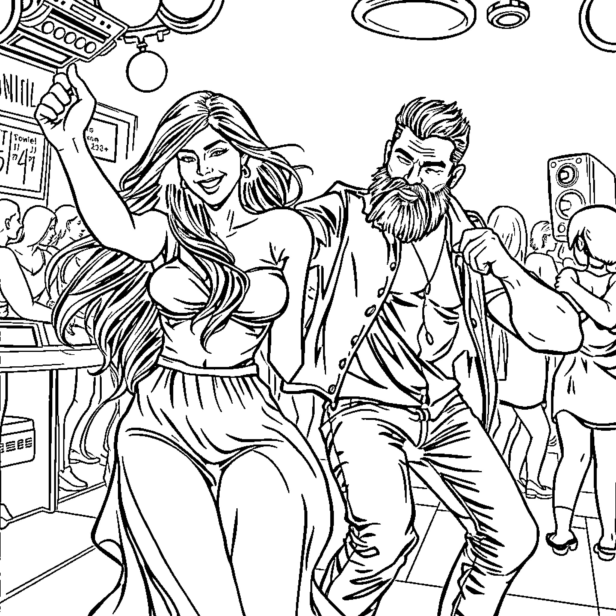 Woman dancing joyfully with a bearded man in a crowded setting Coloring Page (free black-and-white line drawing printable PDF for all, from beginners to advanced learners, including children, teens, adults, and seniors)