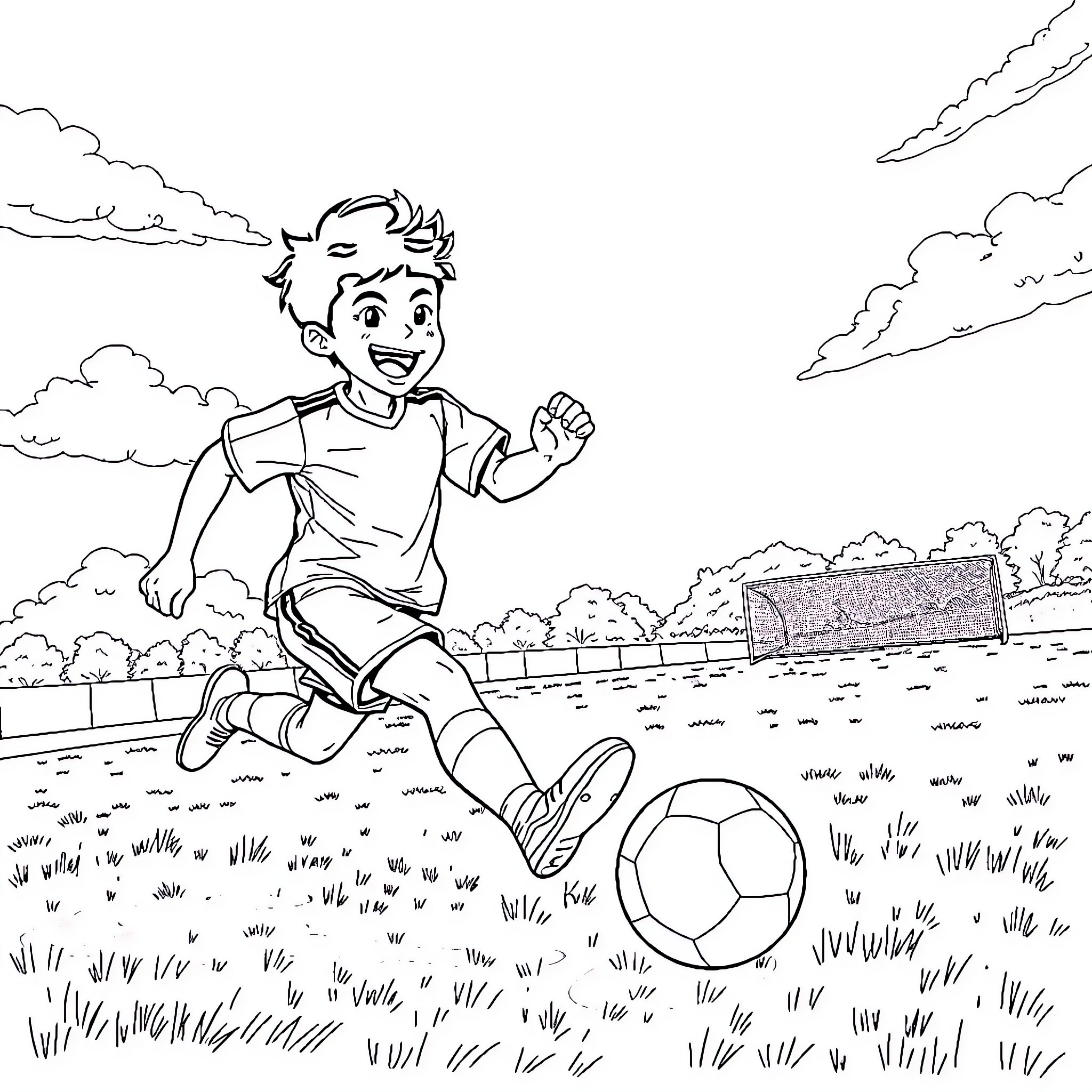 Tsubasa playing joyfully with a soccer ball outdoors Coloring Page (free black-and-white line drawing printable PDF for all, from beginners to advanced learners, including children, teens, adults, and seniors)