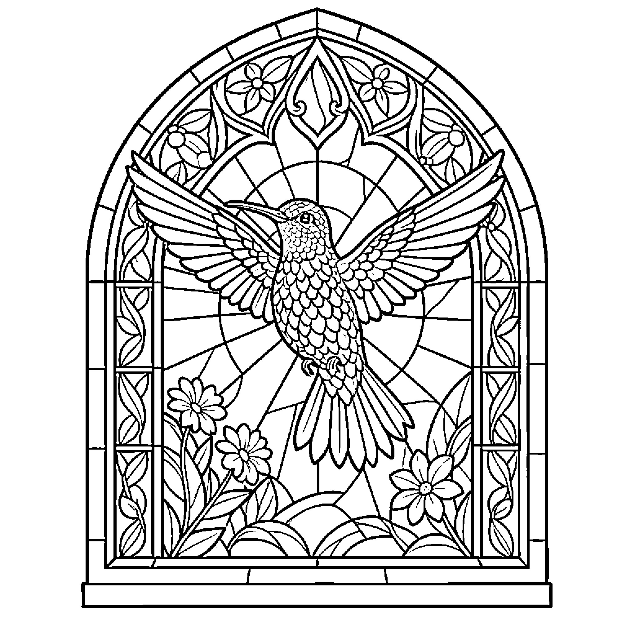 Hummingbird in stained glass window Coloring Page (free black-and-white line drawing printable PDF for all, from beginners to advanced learners, including children, teens, adults, and seniors)