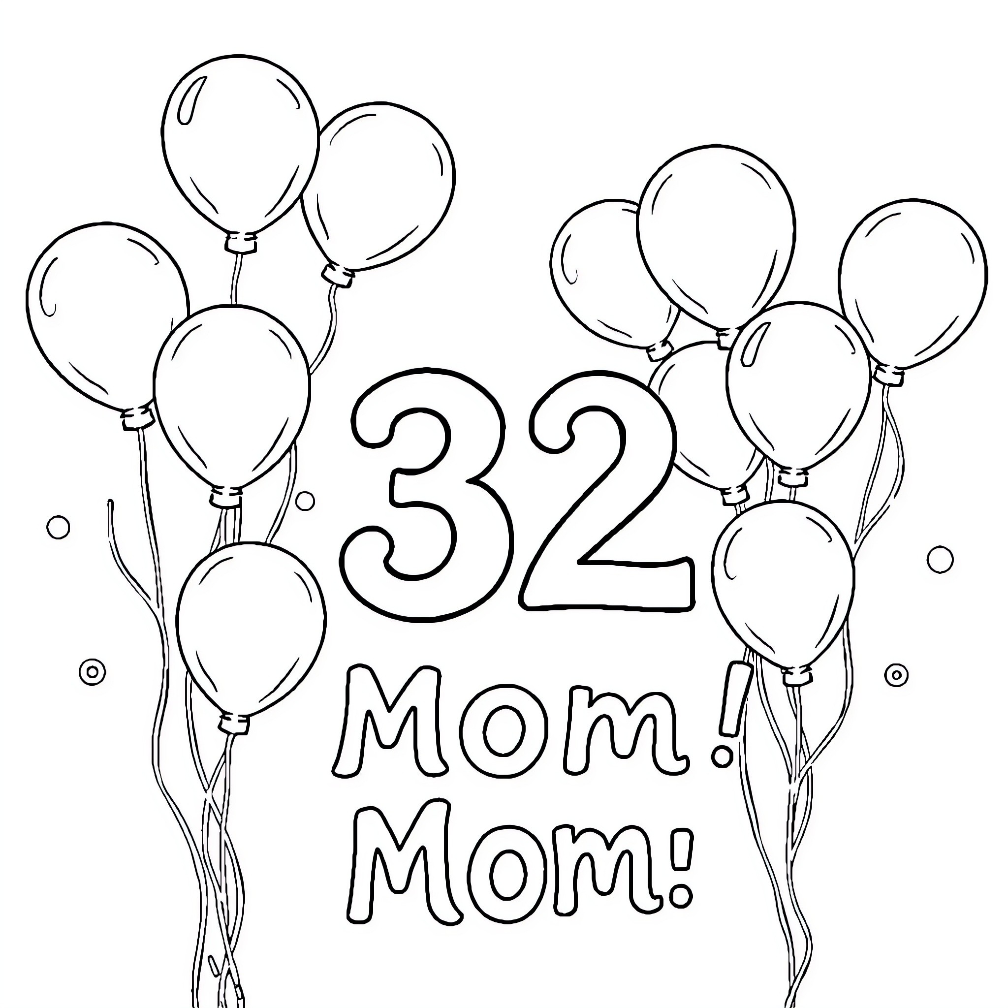 Birthday Card with Balloons and Mom Celebration Coloring Page (free black-and-white line drawing printable PDF for all, from beginners to advanced learners, including children, teens, adults, and seniors)