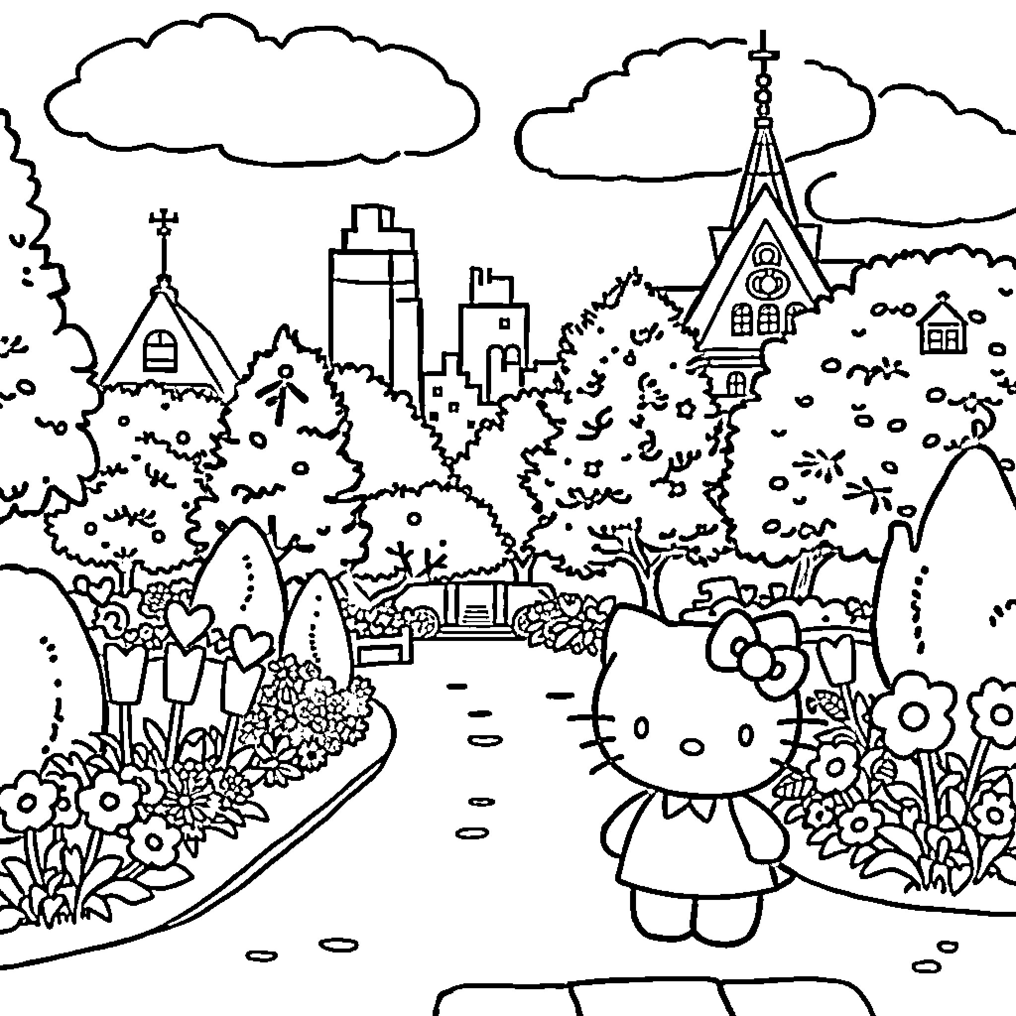 Hello Kitty explores the whimsical city landscape Coloring Page (free black-and-white line drawing printable PDF for all, from beginners to advanced learners, including children, teens, adults, and seniors)