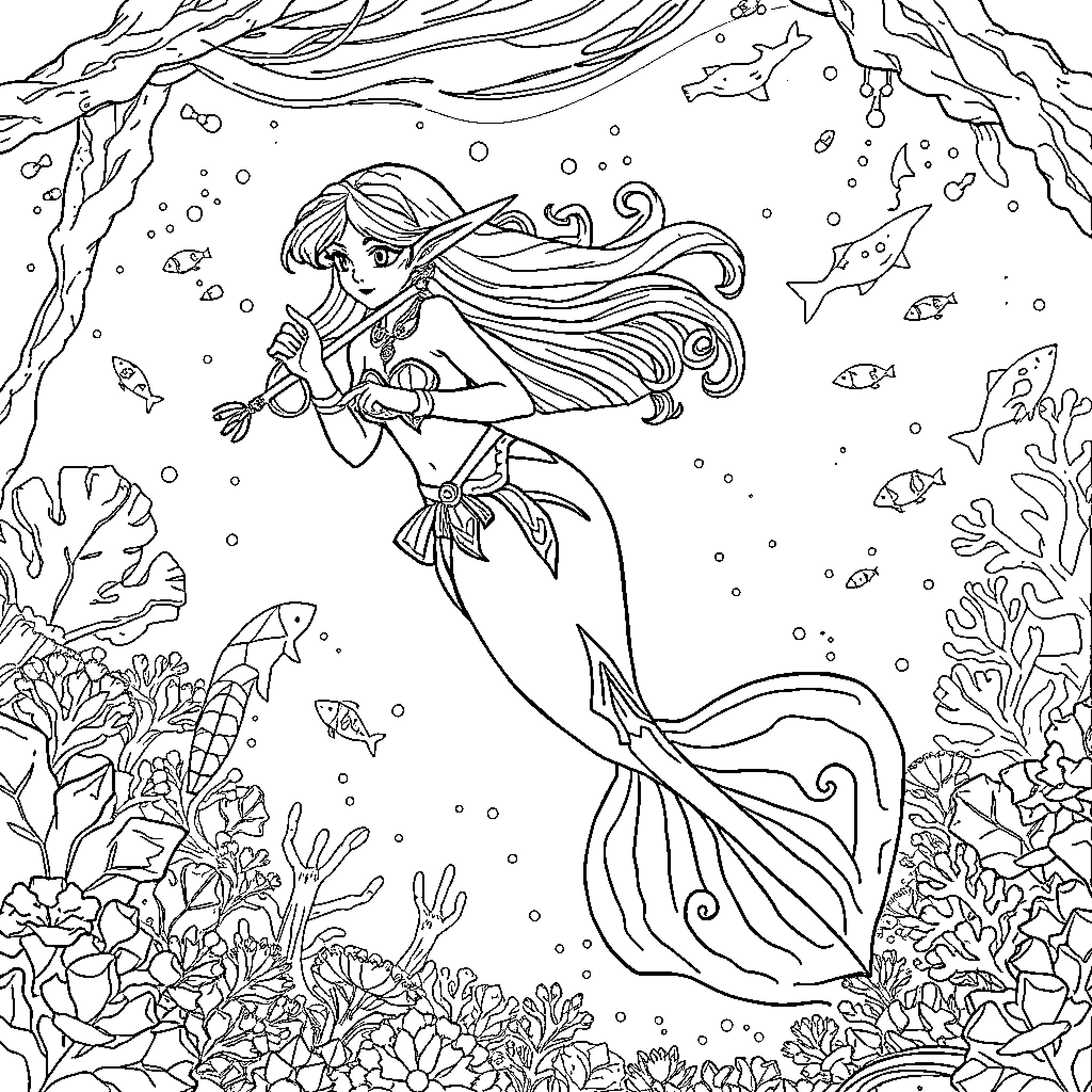 Zelda the Mermaid Exploring the Underwater World Coloring Page (free black-and-white line drawing printable PDF for all, from beginners to advanced learners, including children, teens, adults, and seniors)